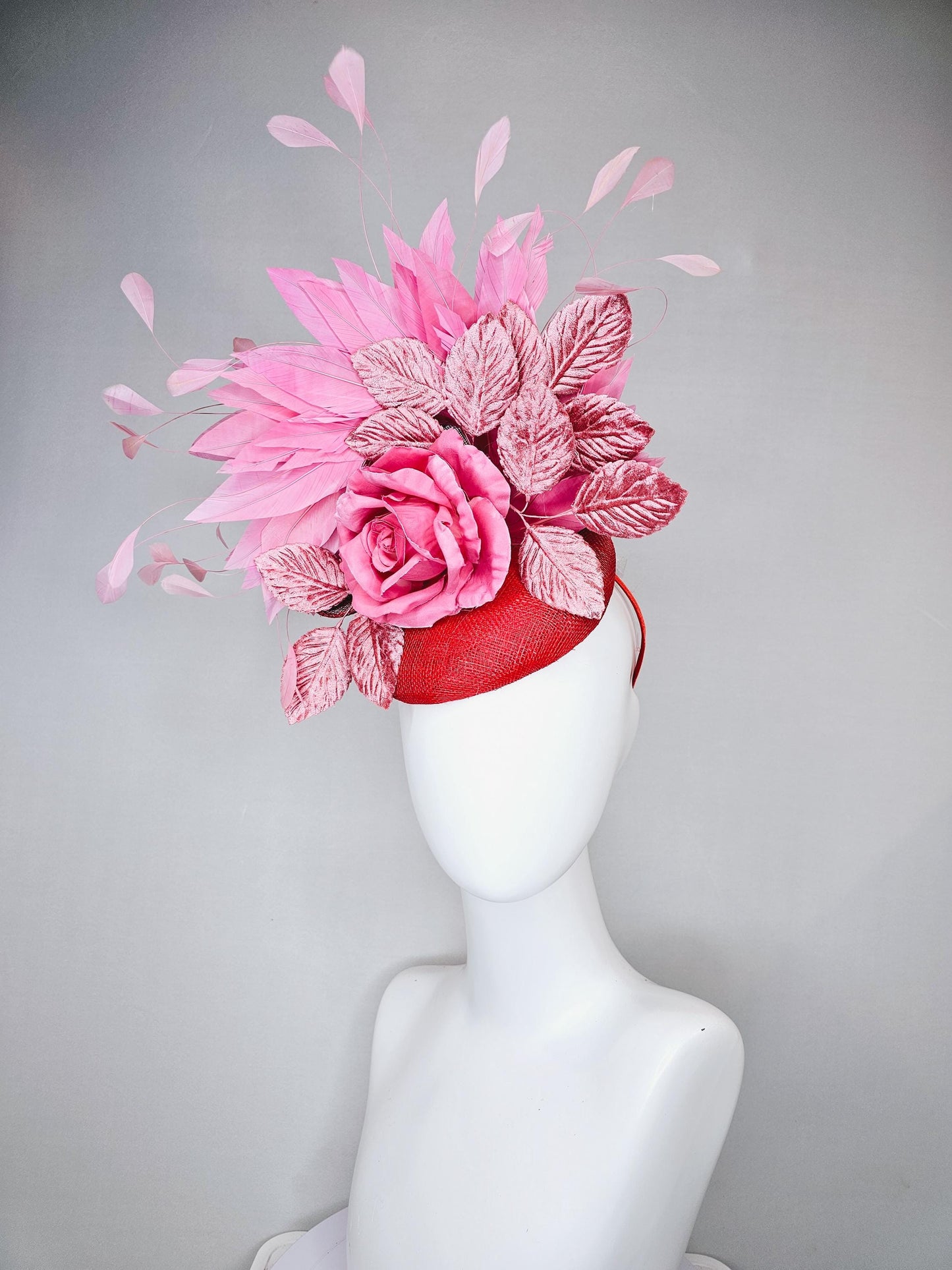 kentucky derby hat fascinator red sinamay with baby pink satin silk rose flower and light pink leaves, baby pink branching feathers