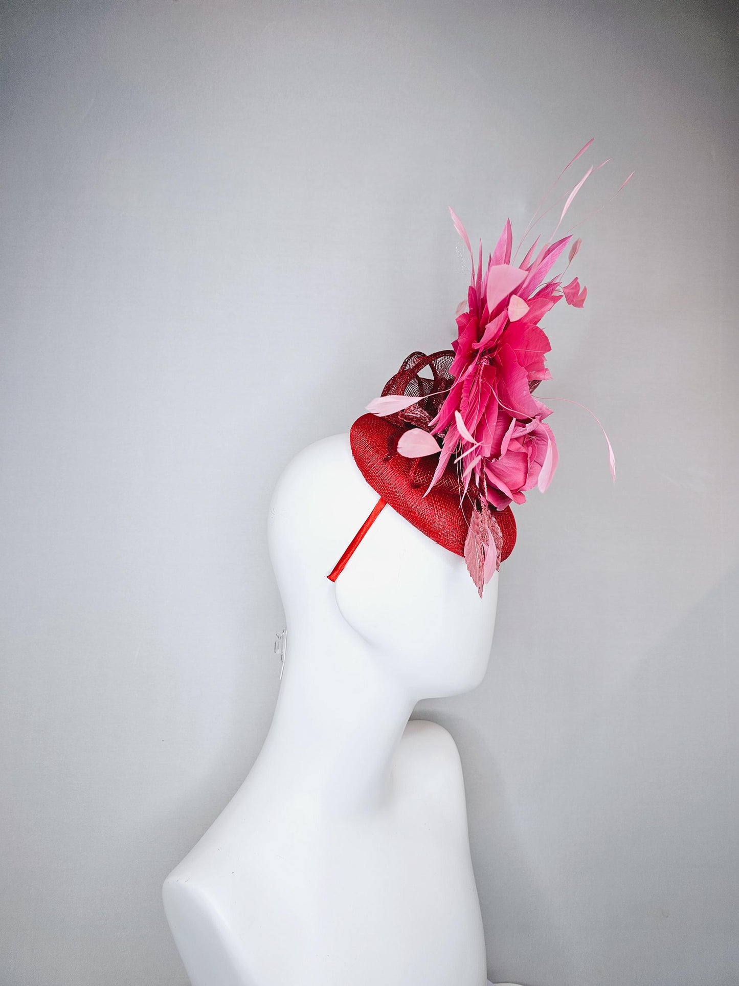 kentucky derby hat fascinator red sinamay with baby pink satin silk rose flower and light pink leaves, baby pink branching feathers
