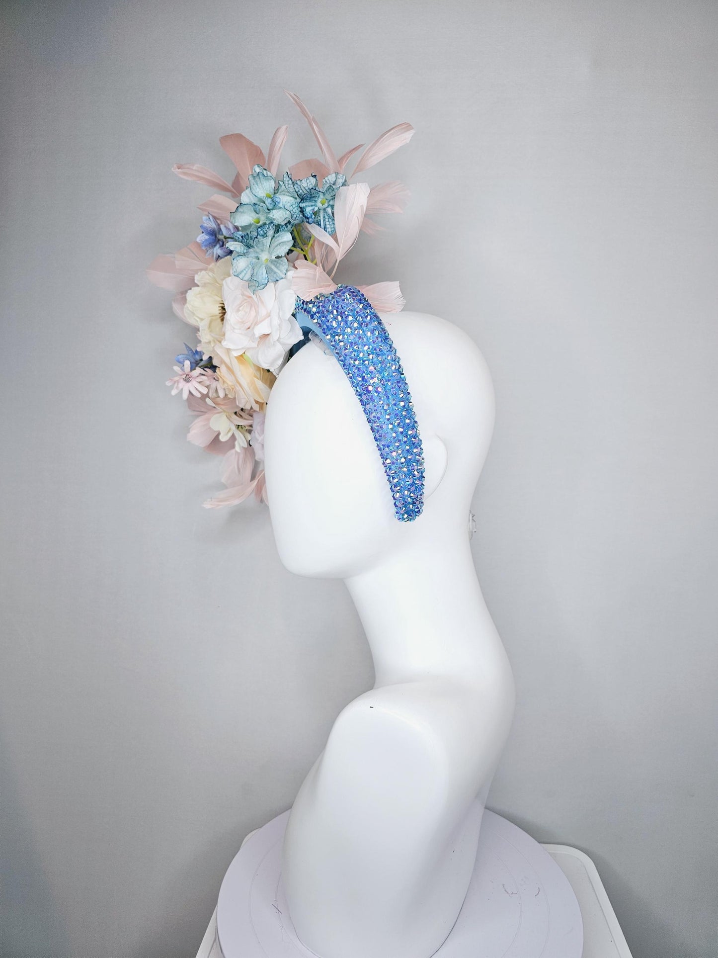kentucky derby hat fascinator iridescent sky blue crystal headband,white neutral cream teal blue lavender purple flowers,light pink feathers