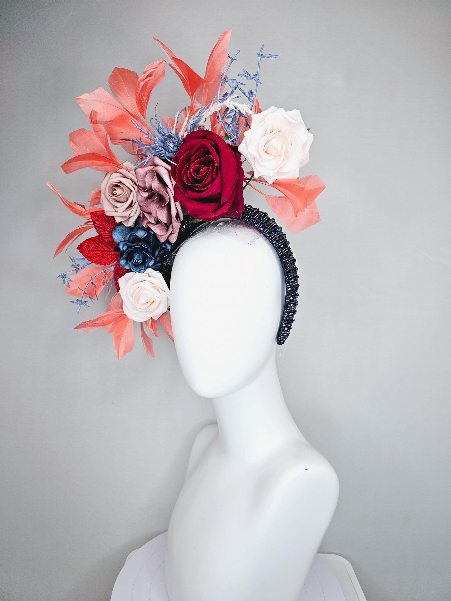 kentucky derby hat fascinator midnight blue crystal headband, ivory white dusty pink red ombre navy blue flowers,red leaves, orange feathers