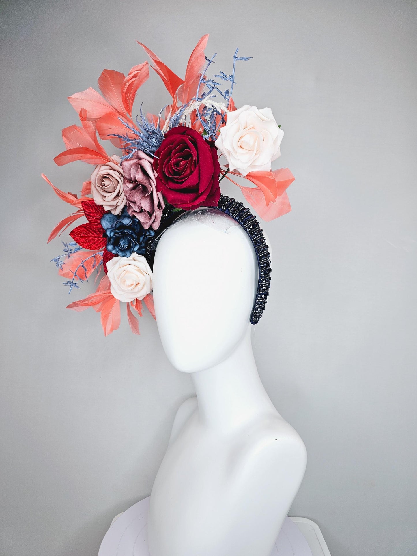 kentucky derby hat fascinator midnight blue crystal headband, ivory white dusty pink red ombre navy blue flowers,red leaves, orange feathers