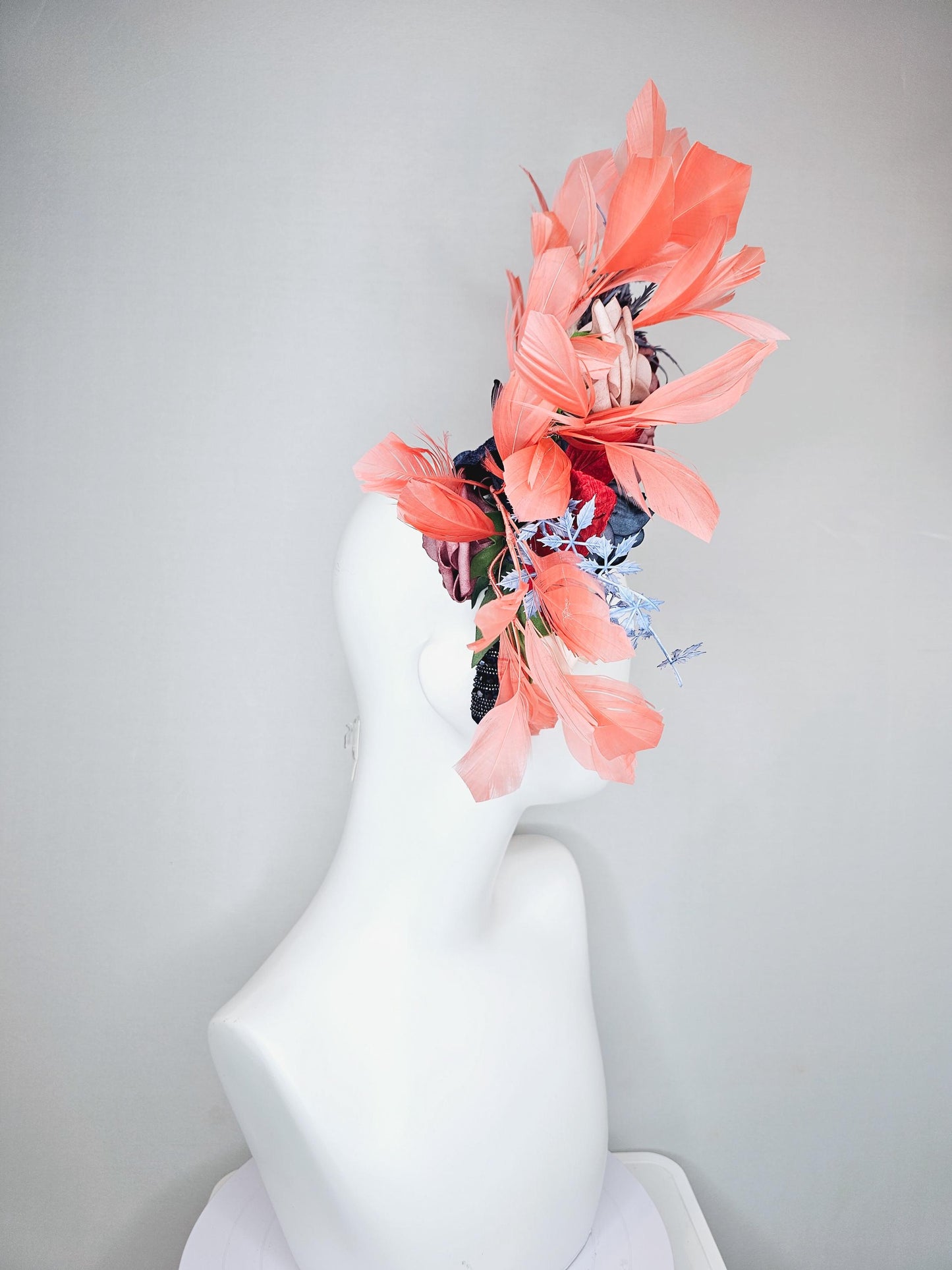 kentucky derby hat fascinator midnight blue crystal headband, ivory white dusty pink red ombre navy blue flowers,red leaves, orange feathers