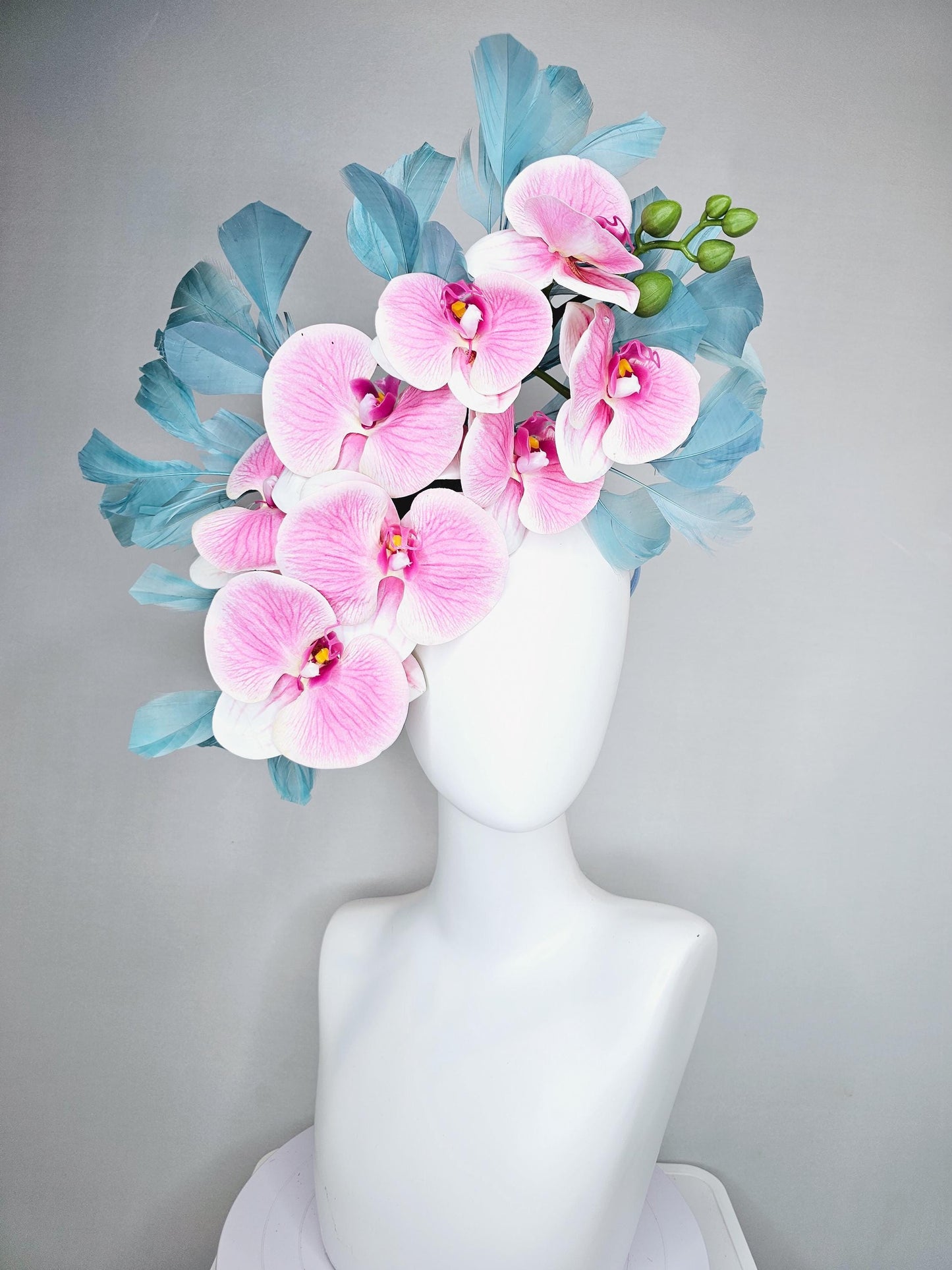 kentucky derby hat fascinator large white and blush pink orchid satin silk flowers, teal blue branching feathers