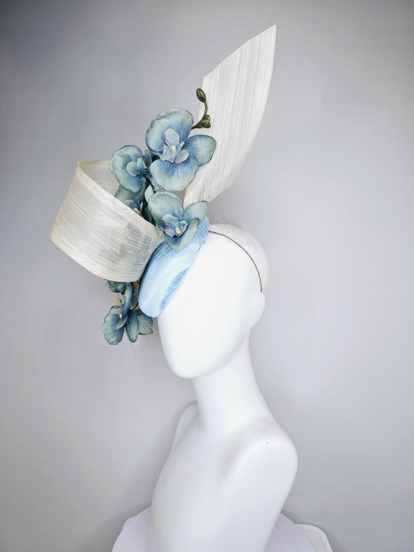 kentucky derby hat fascinator light blue satin with netting, ombre blue orchid flowers,neutral ivory white silk ribbon large bendable decor