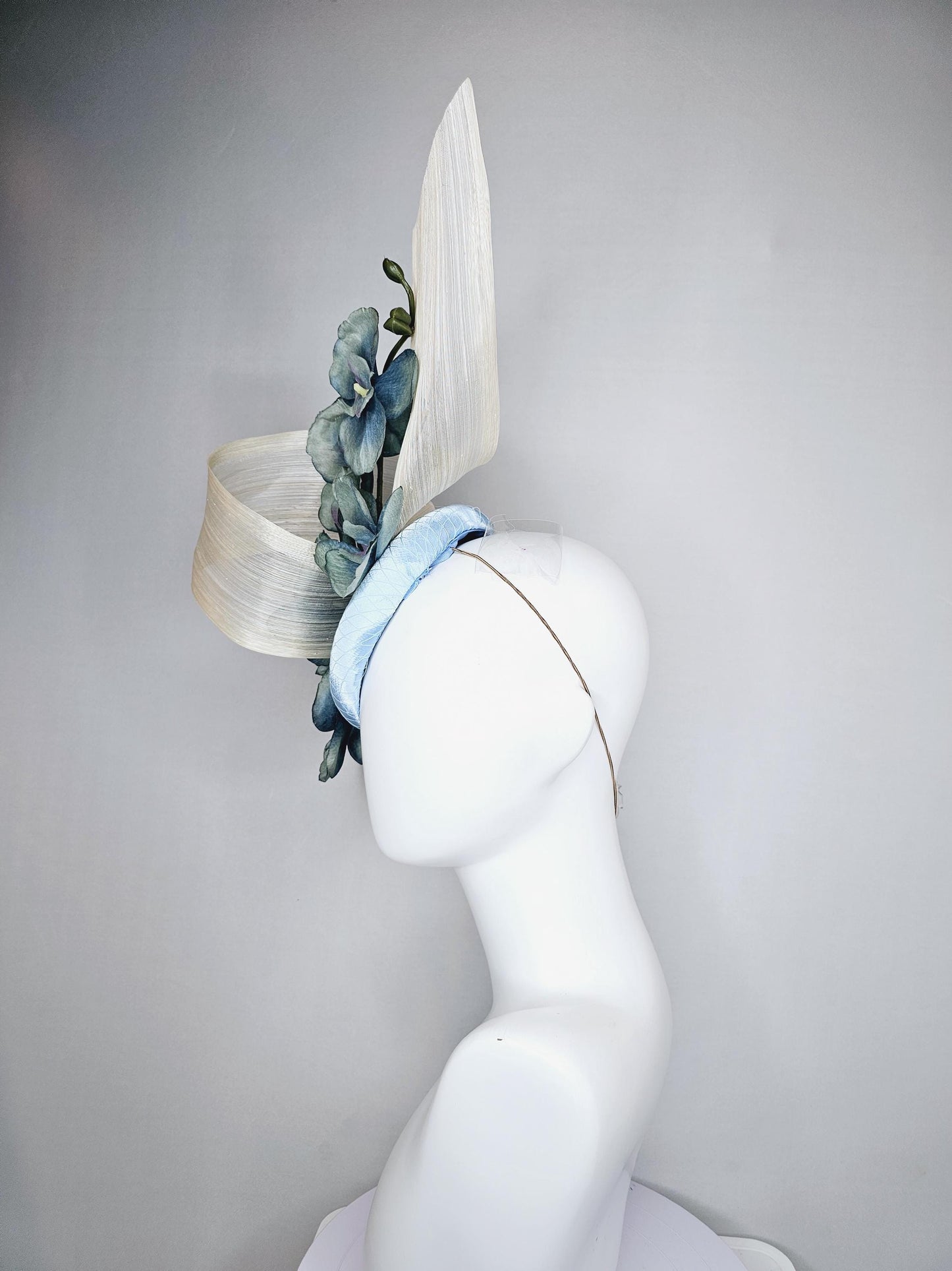 kentucky derby hat fascinator light blue satin with netting, ombre blue orchid flowers,neutral ivory white silk ribbon large bendable decor