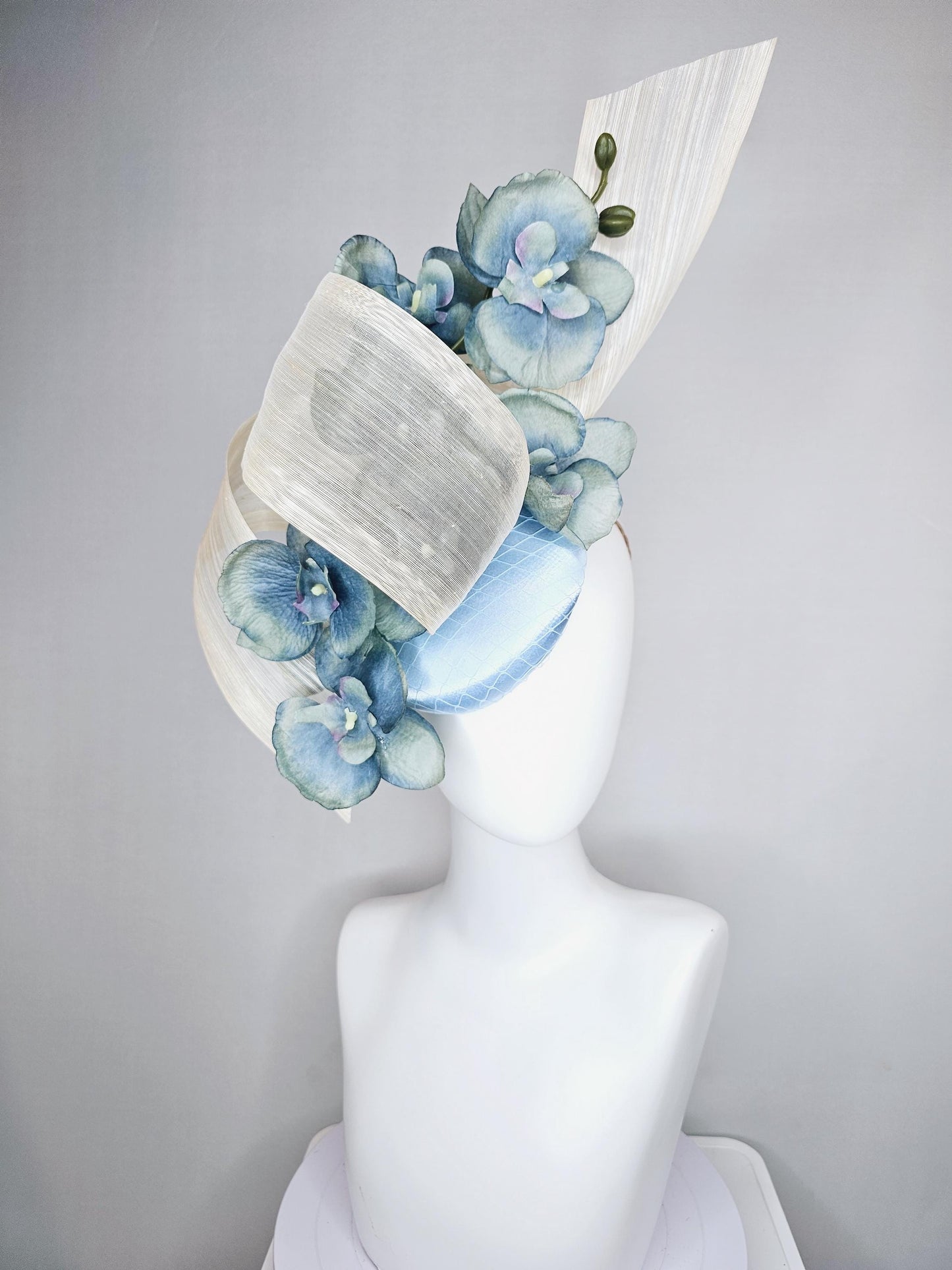 kentucky derby hat fascinator light blue satin with netting, ombre blue orchid flowers,neutral ivory white silk ribbon large bendable decor