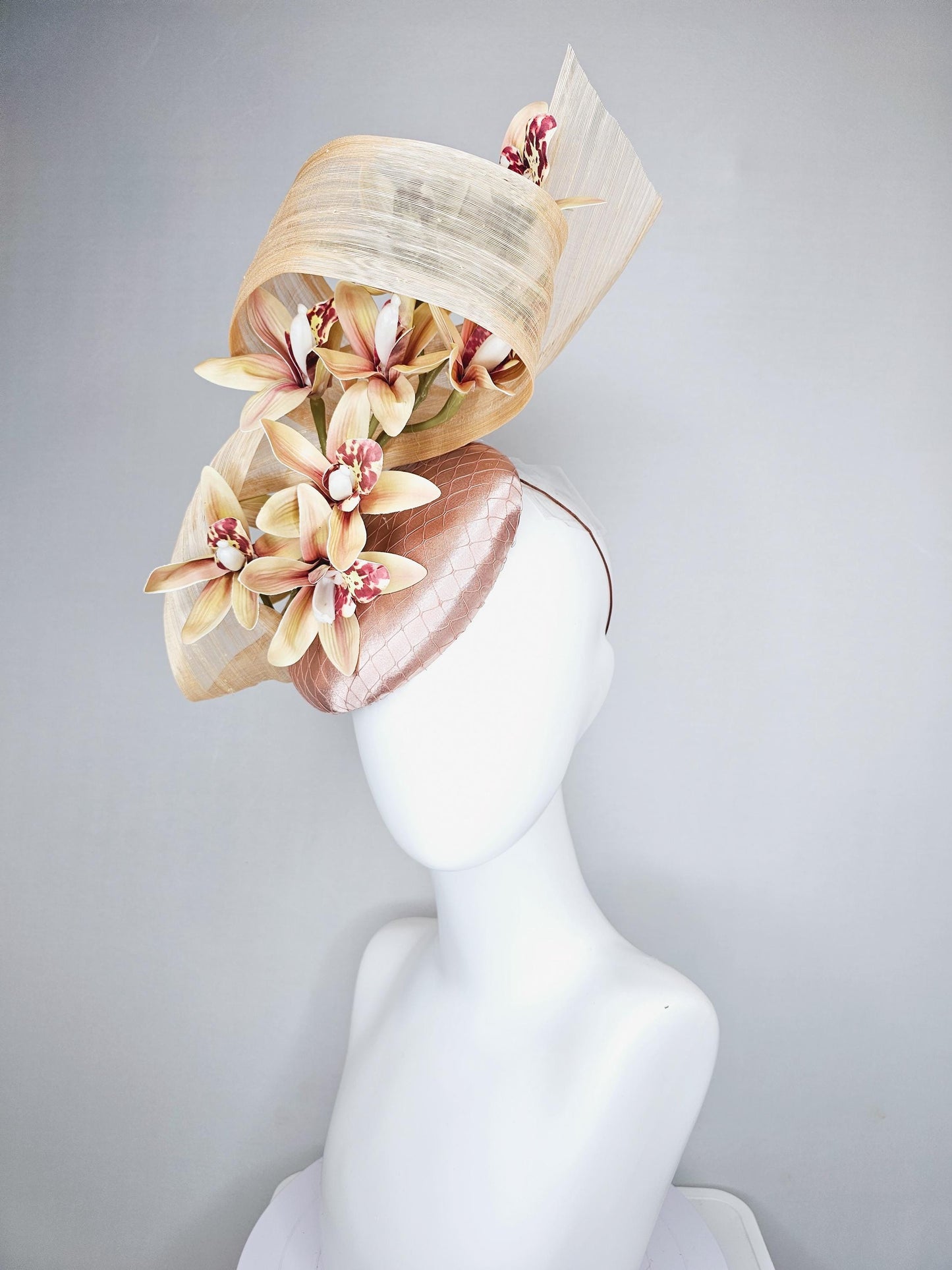 kentucky derby hat fascinator light pink satin with netting,yellow dusty pink orchid flowers,neutral beige silk ribbon large bendable decor