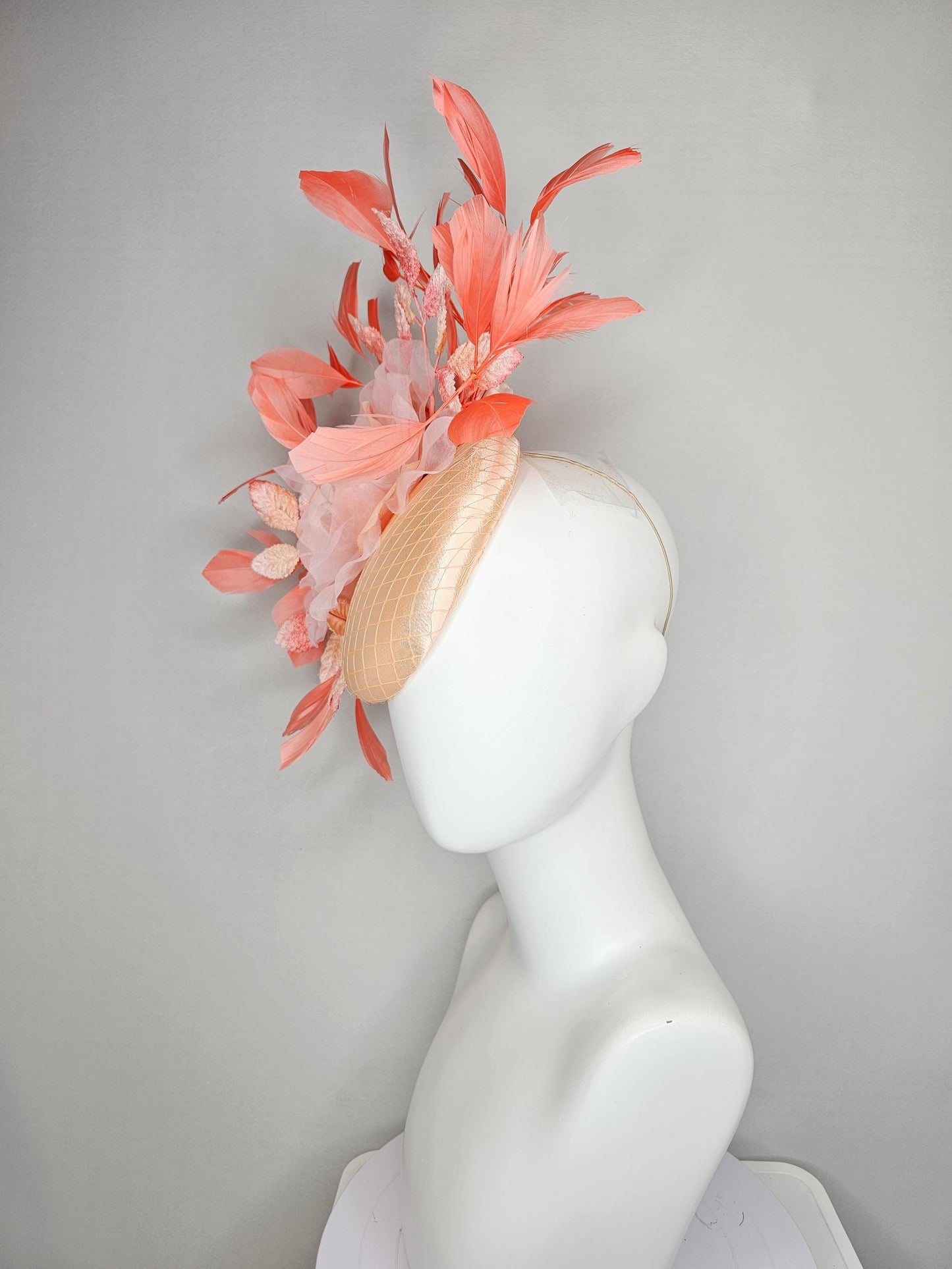 kentucky derby hat fascinator neutral champagne satin w/netting,light pink organza flower,ombre peach leaves,coral orange branching feathers