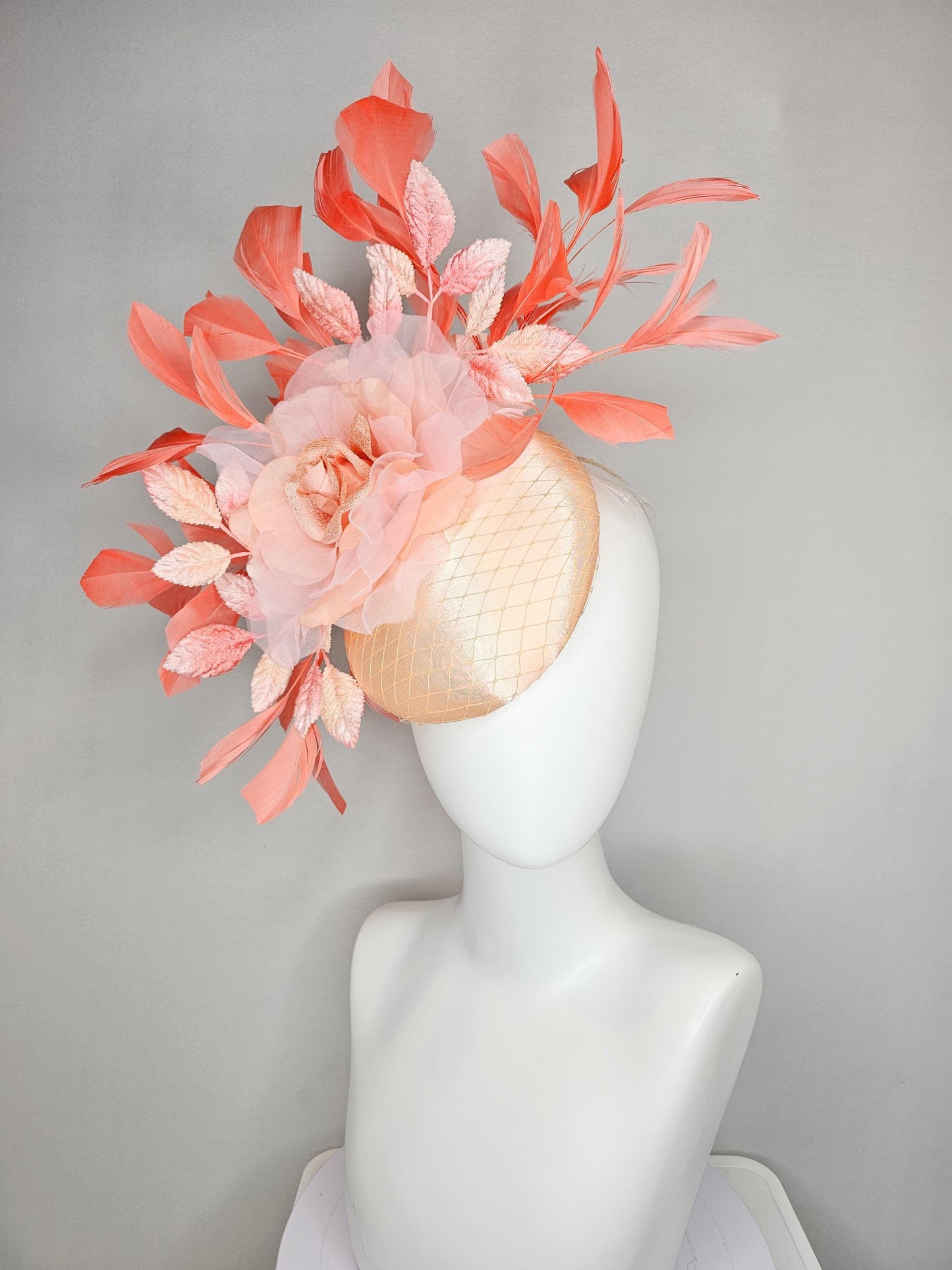 kentucky derby hat fascinator neutral champagne satin w/netting,light pink organza flower,ombre peach leaves,coral orange branching feathers