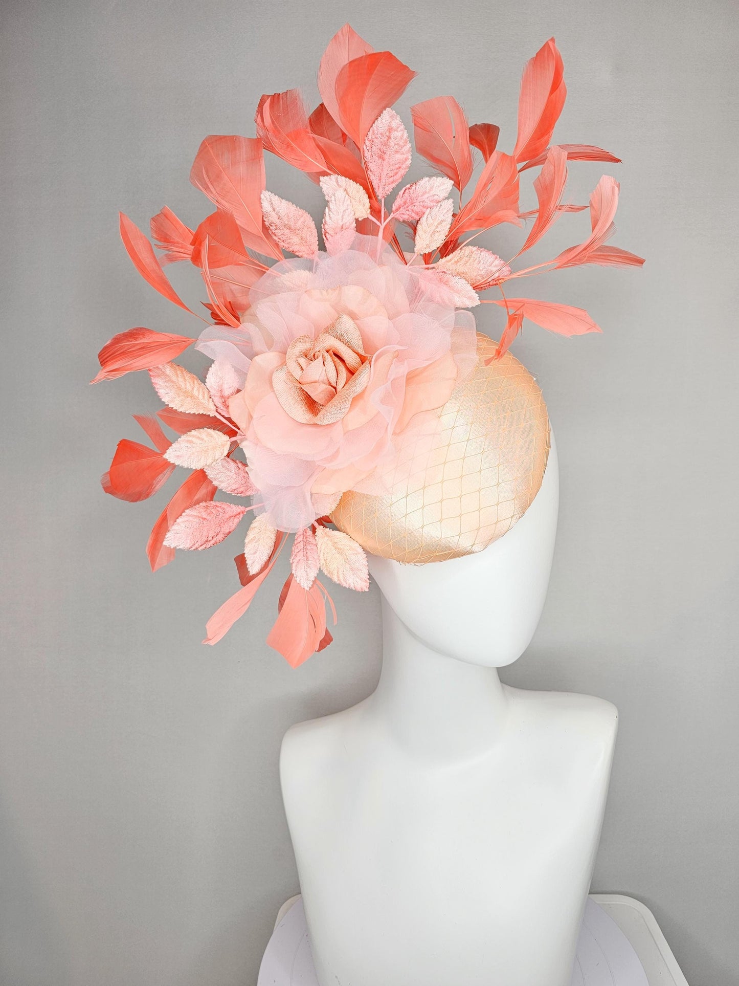 kentucky derby hat fascinator neutral champagne satin w/netting,light pink organza flower,ombre peach leaves,coral orange branching feathers