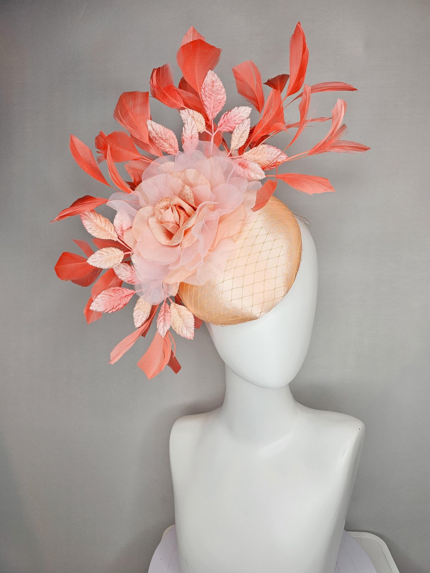 kentucky derby hat fascinator neutral champagne satin w/netting,light pink organza flower,ombre peach leaves,coral orange branching feathers