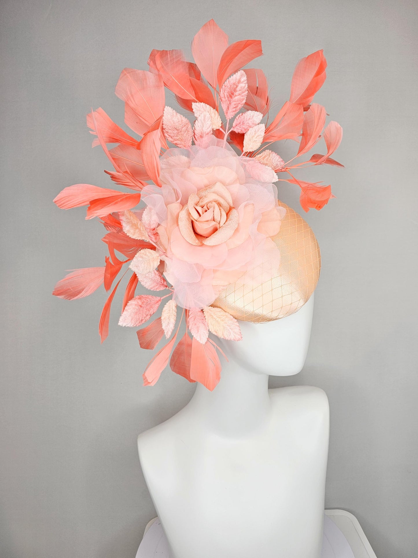 kentucky derby hat fascinator neutral champagne satin w/netting,light pink organza flower,ombre peach leaves,coral orange branching feathers
