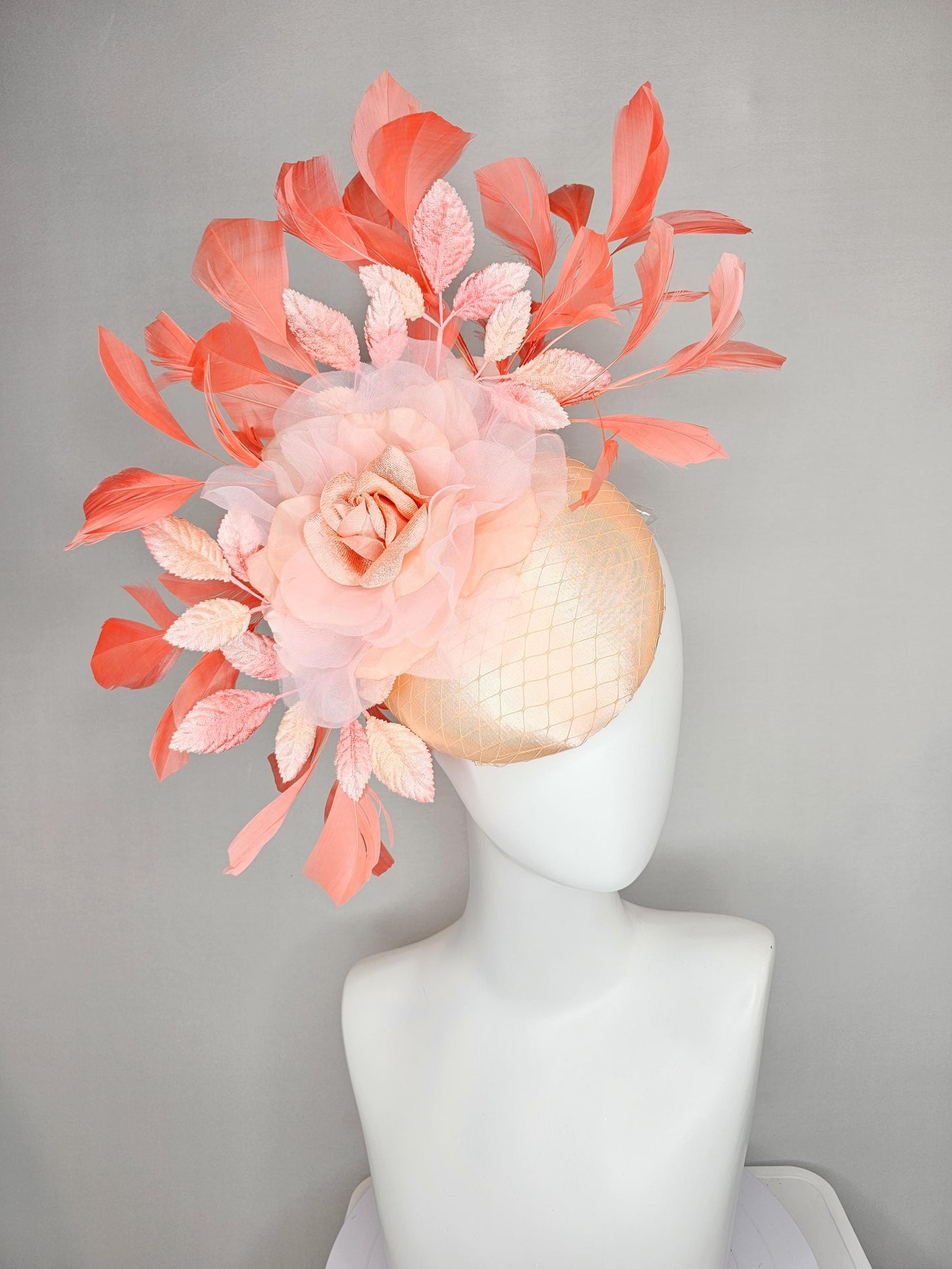 kentucky derby hat fascinator neutral champagne satin w/netting,light pink organza flower,ombre peach leaves,coral orange branching feathers