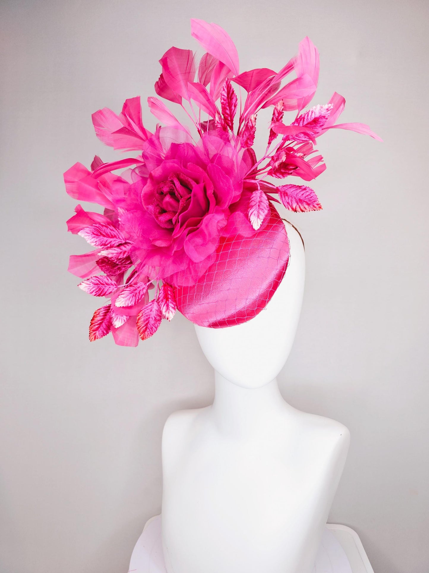 kentucky derby hat fascinator hot bright pink satin with netting,hot bright pink organza flower,pink leaves,bright pink branching feathers