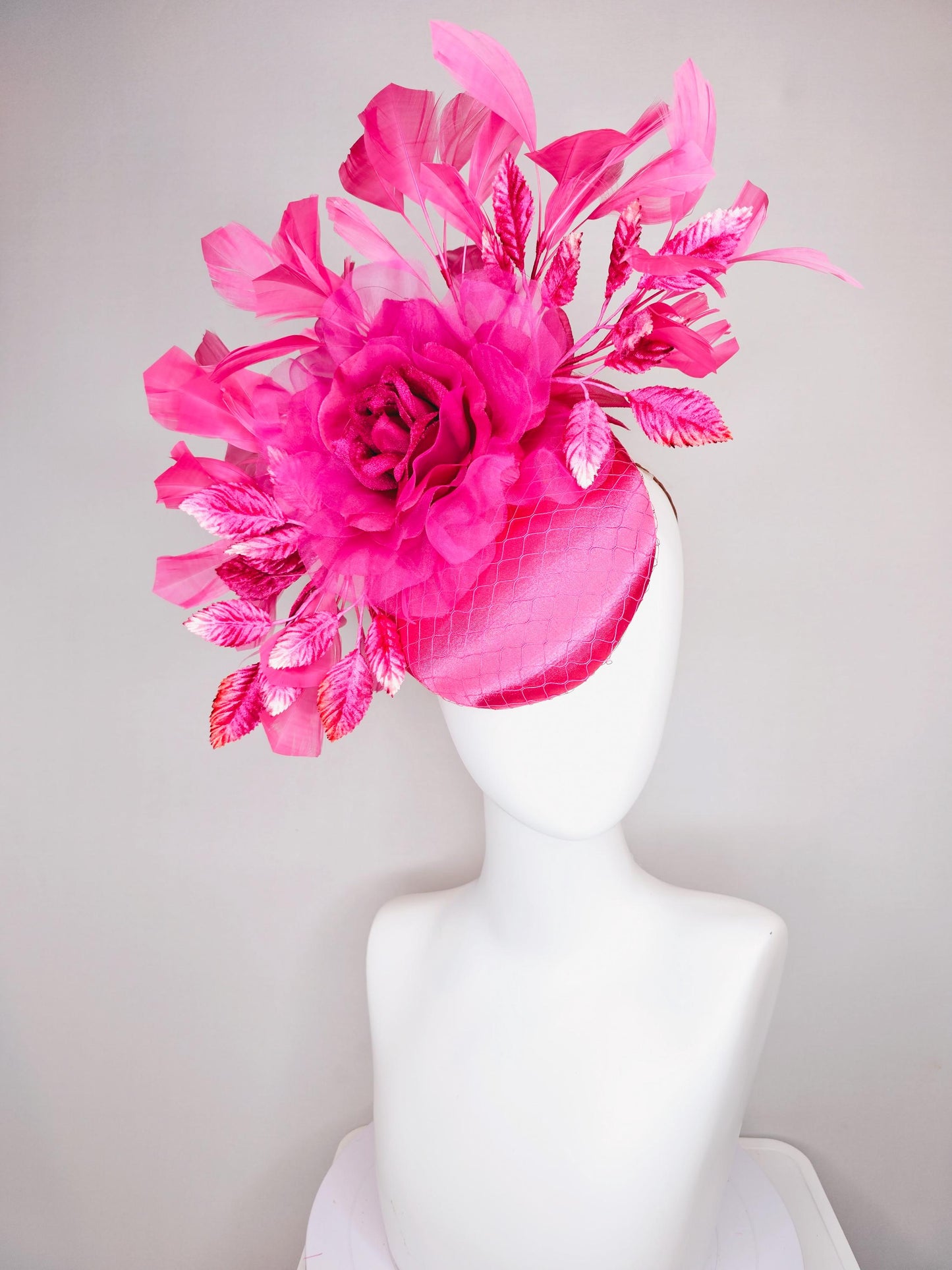 kentucky derby hat fascinator hot bright pink satin with netting,hot bright pink organza flower,pink leaves,bright pink branching feathers