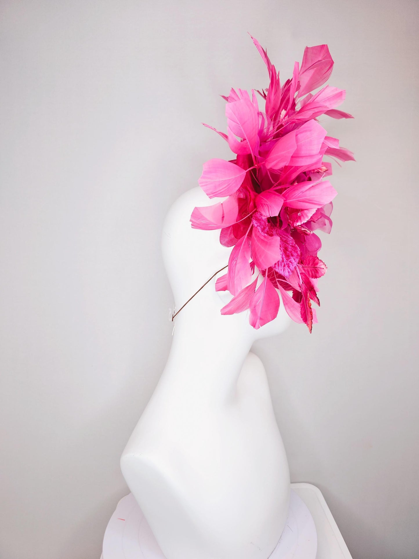 kentucky derby hat fascinator hot bright pink satin with netting,hot bright pink organza flower,pink leaves,bright pink branching feathers