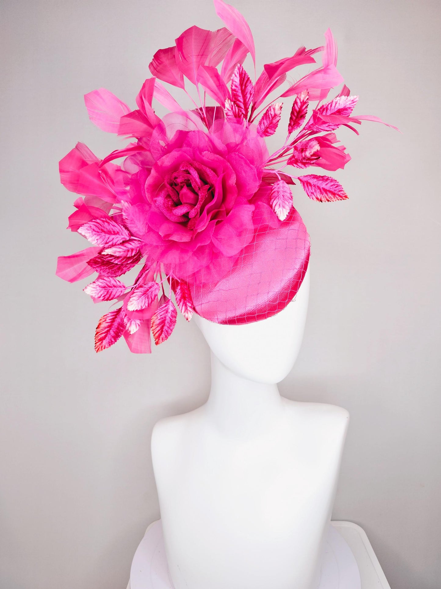 kentucky derby hat fascinator hot bright pink satin with netting,hot bright pink organza flower,pink leaves,bright pink branching feathers