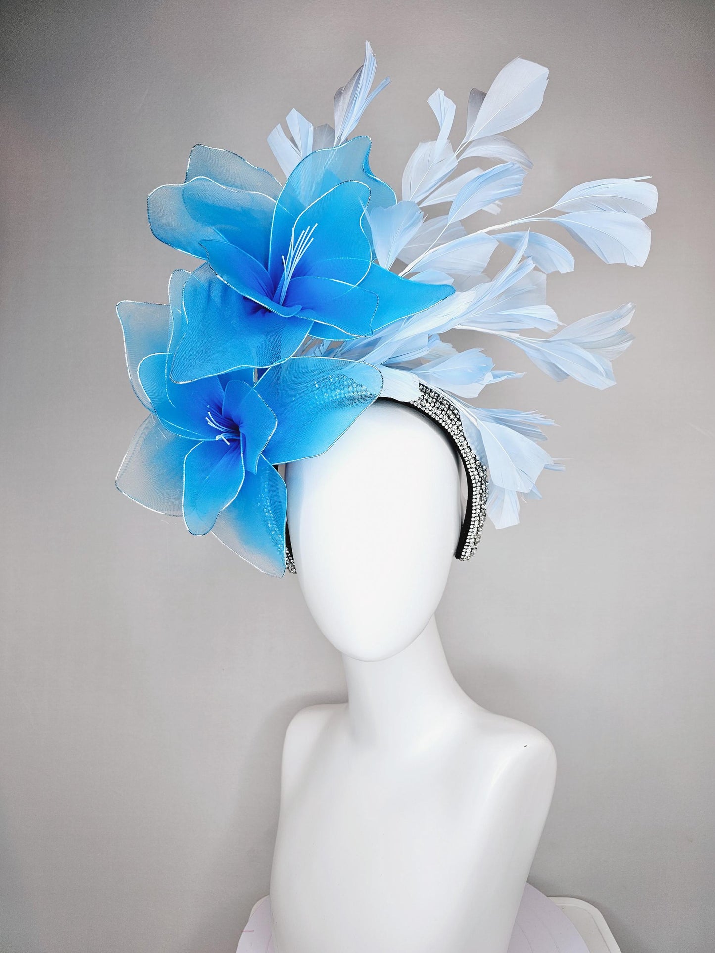 kentucky derby hat fascinator crystal rhinestone headband with large sky blue wire mesh flowers and light baby blue branching feathers