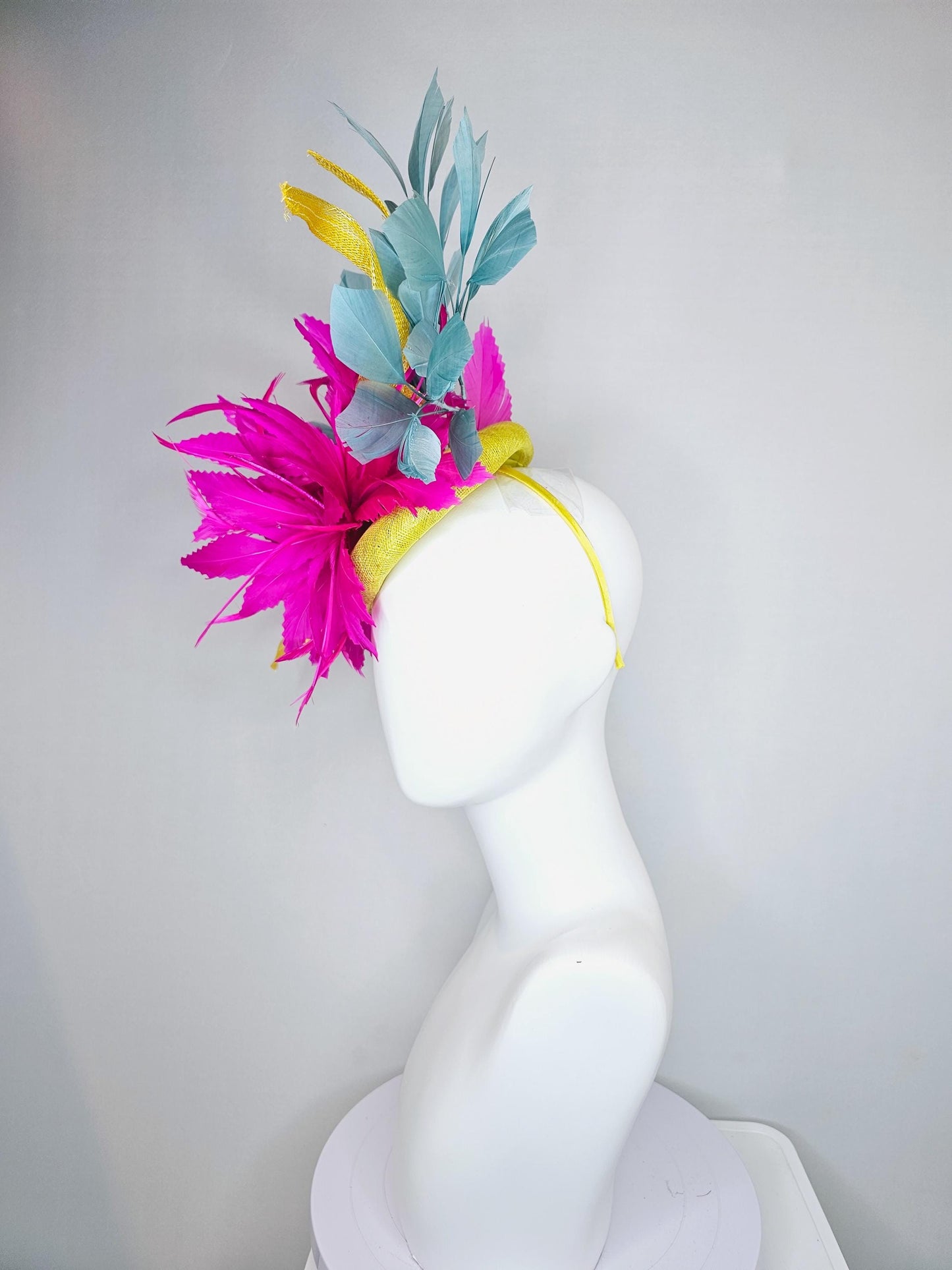 kentucky derby hat fascinator bright yellow sinamay with curls,bright hot pink feather flowers and teal blue branching feathers