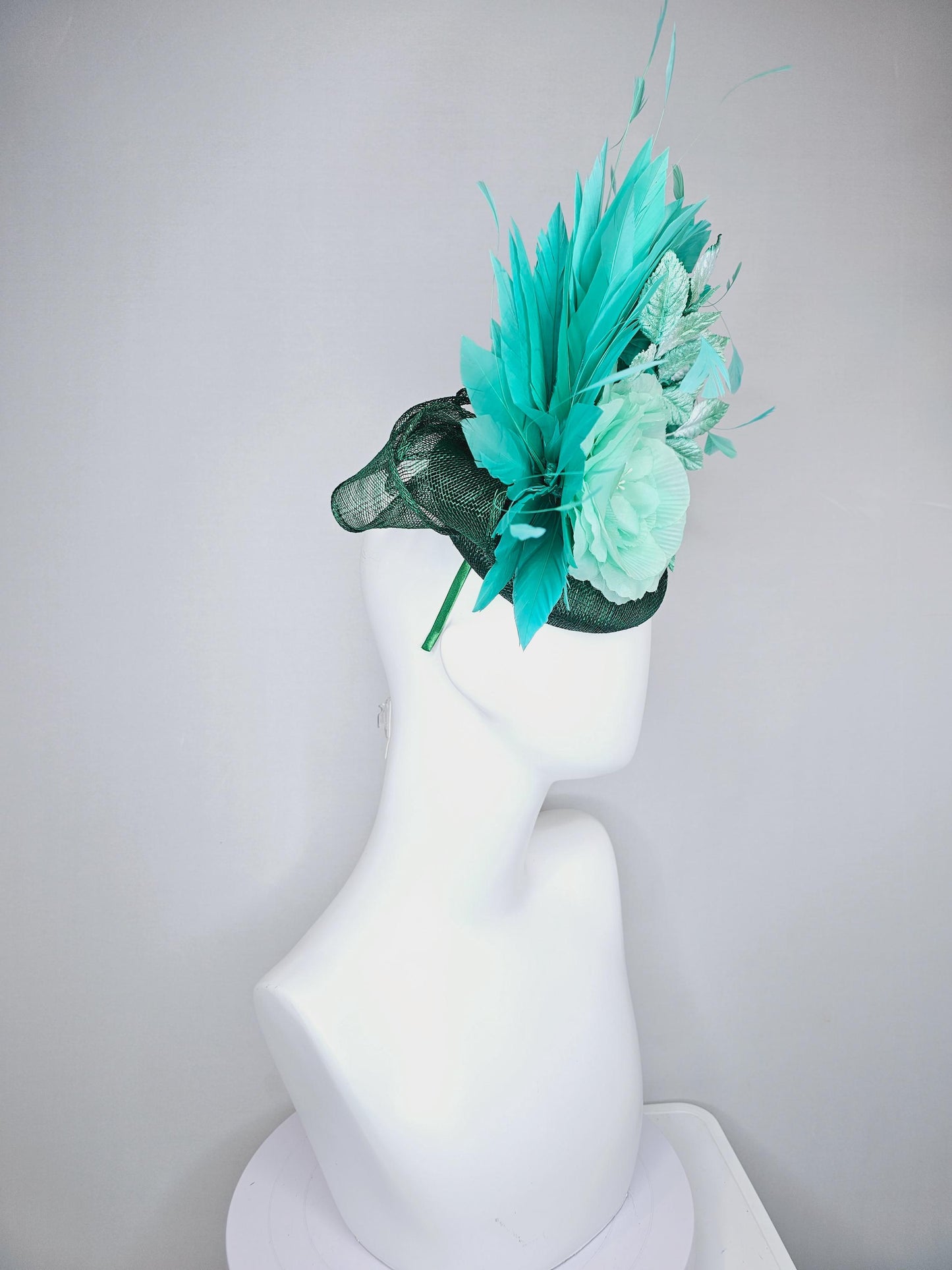 kentucky derby hat fascinator dark green sinamay with mint green silk satin rose flower,ombre green leaves and turquoise blue green feathers