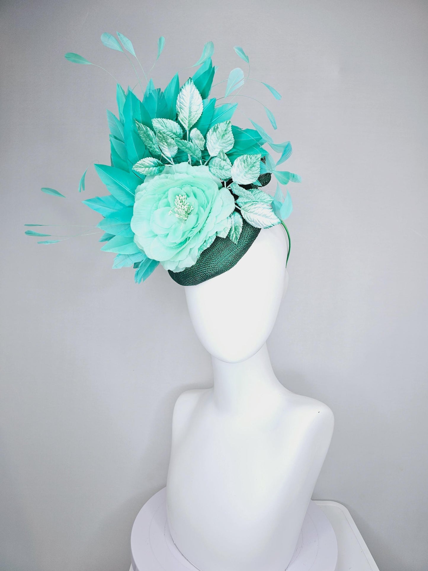 kentucky derby hat fascinator dark green sinamay with mint green silk satin rose flower,ombre green leaves and turquoise blue green feathers