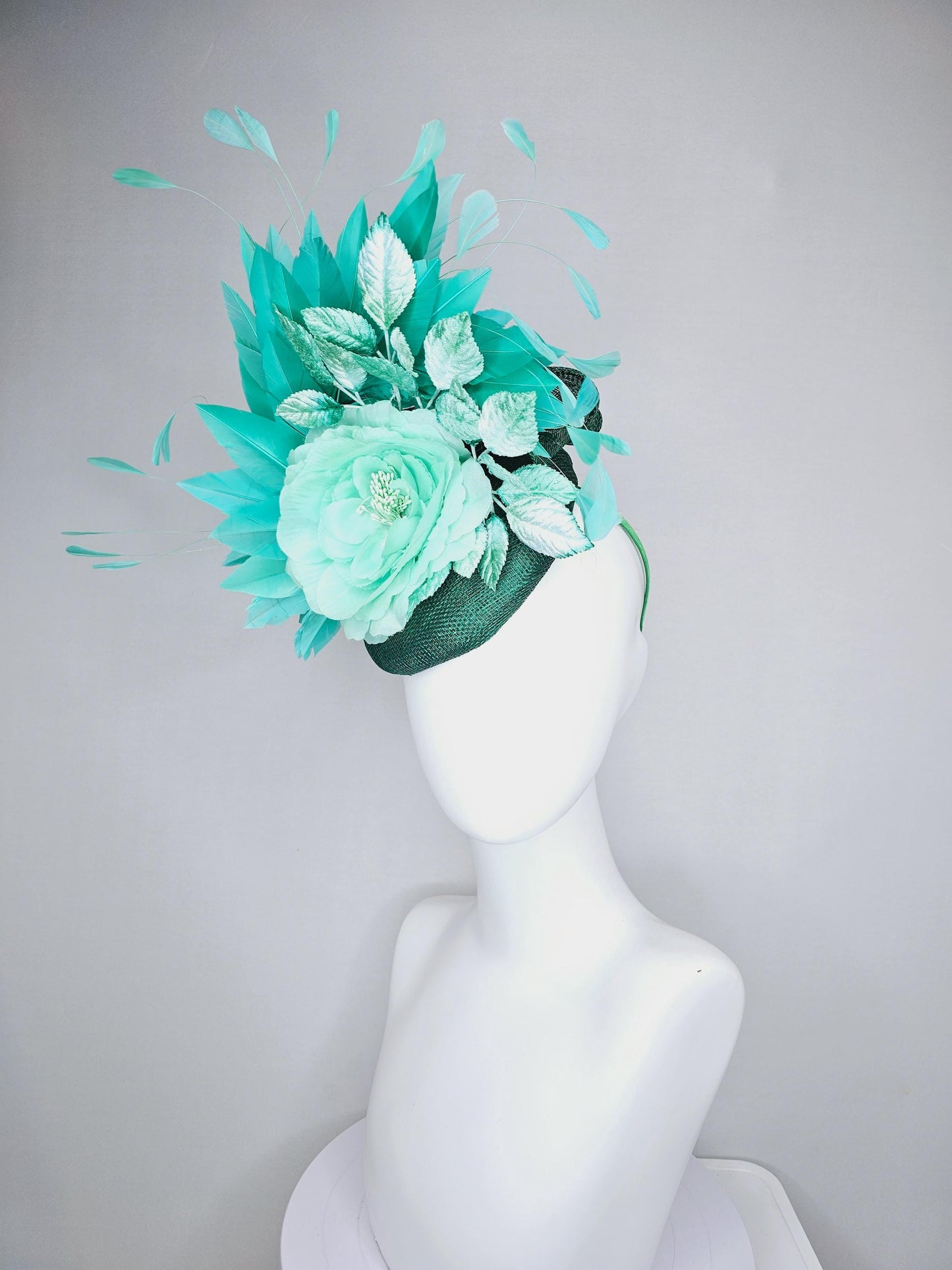 kentucky derby hat fascinator dark green sinamay with mint green silk satin rose flower,ombre green leaves and turquoise blue green feathers