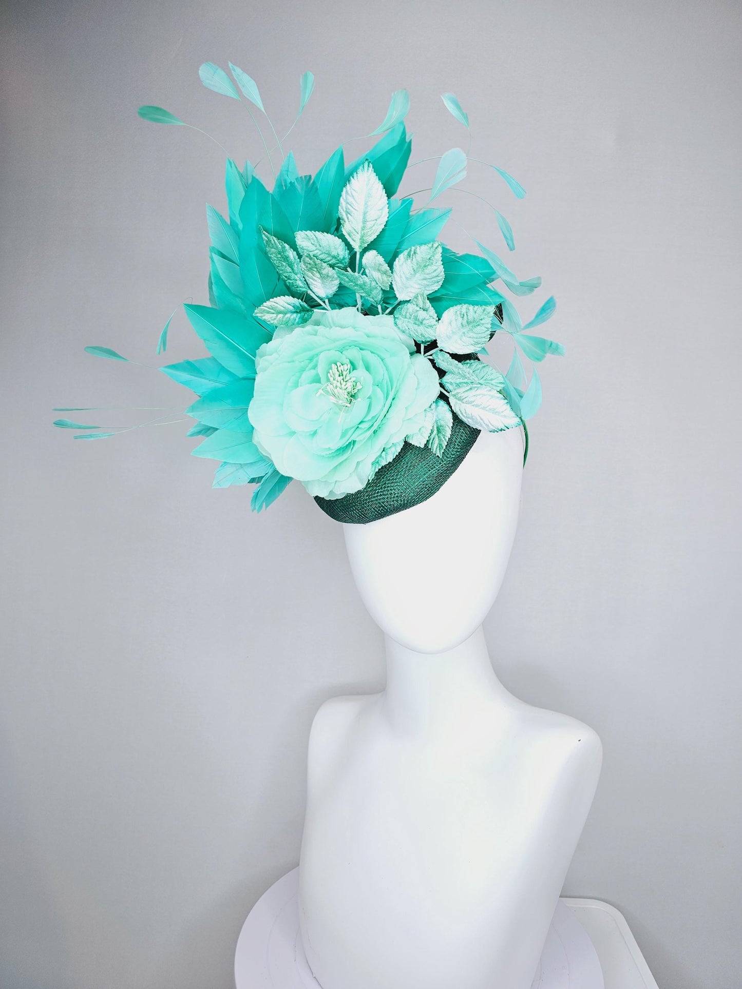 kentucky derby hat fascinator dark green sinamay with mint green silk satin rose flower,ombre green leaves and turquoise blue green feathers