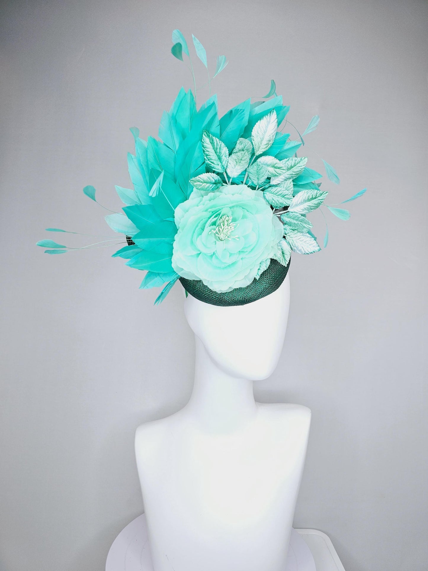 kentucky derby hat fascinator dark green sinamay with mint green silk satin rose flower,ombre green leaves and turquoise blue green feathers