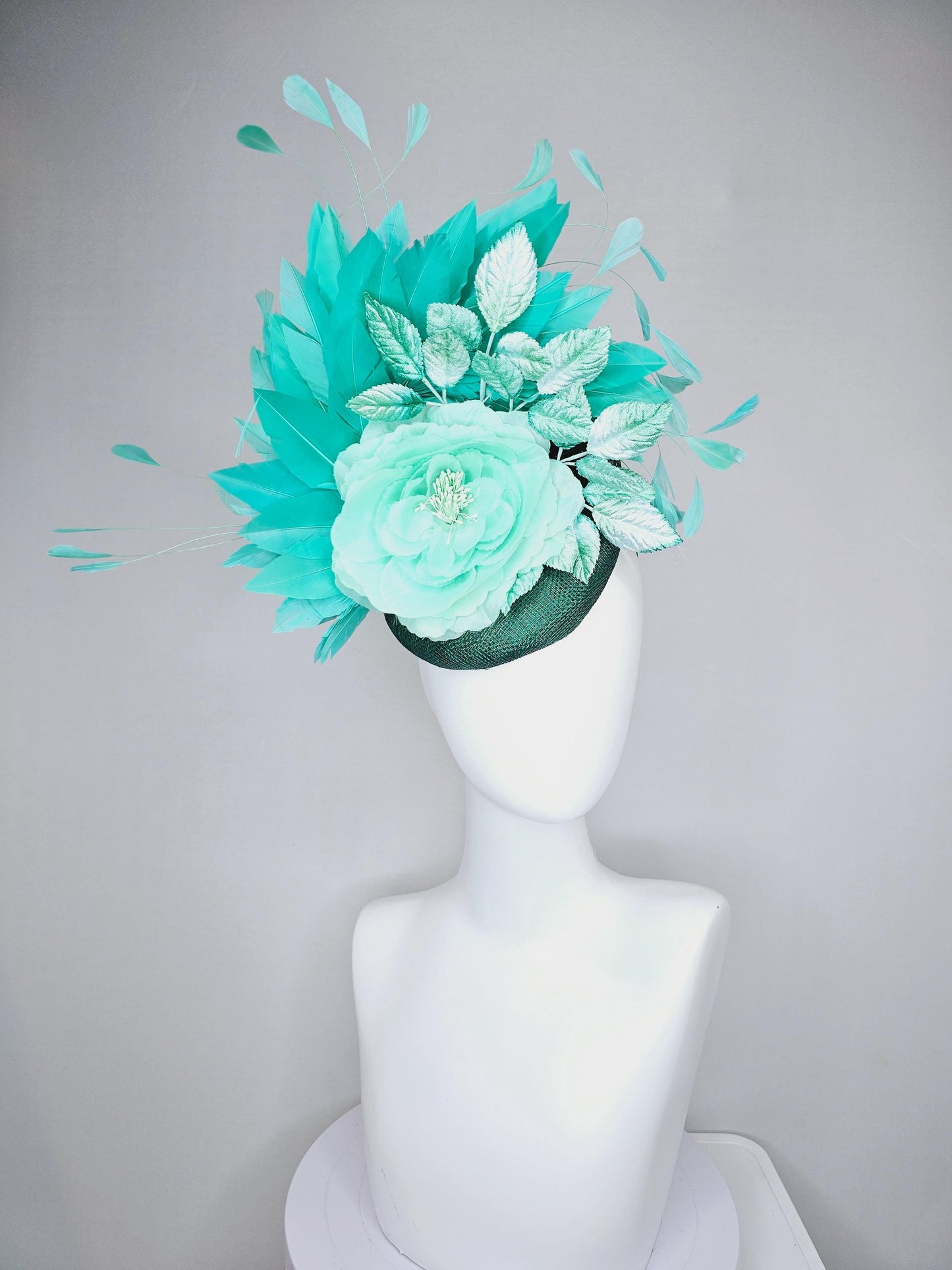 kentucky derby hat fascinator dark green sinamay with mint green silk satin rose flower,ombre green leaves and turquoise blue green feathers