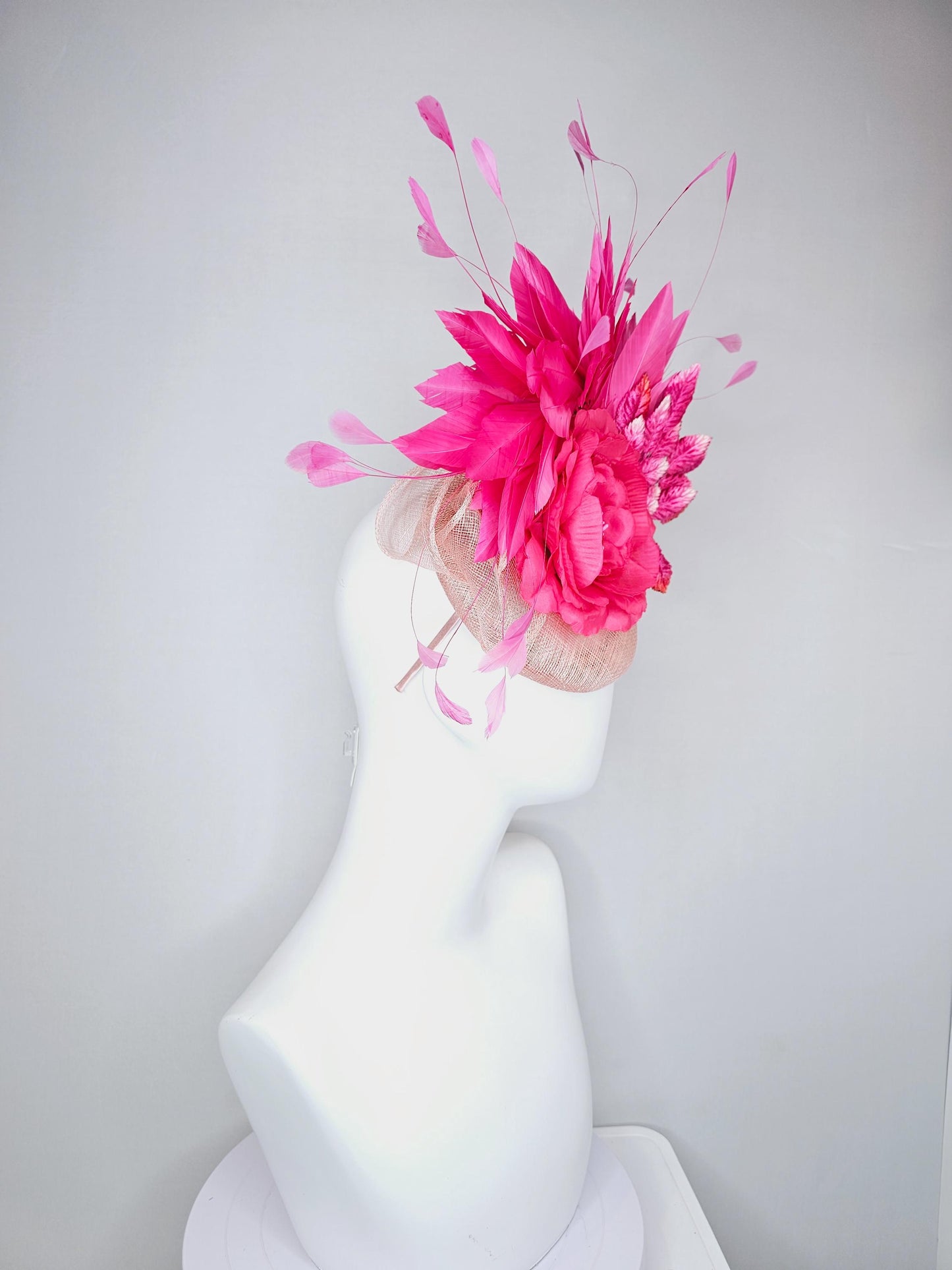 kentucky derby hat fascinator link pink champagne sinamay with hot bright pink satin rose flower, pink leaves, pink branching feathers