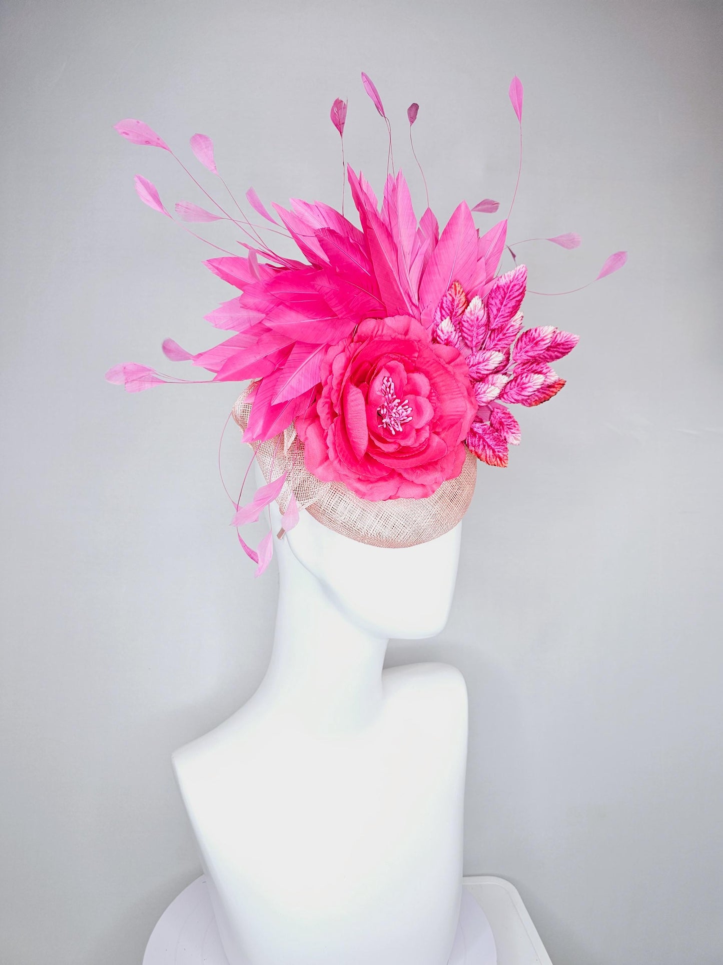 kentucky derby hat fascinator link pink champagne sinamay with hot bright pink satin rose flower, pink leaves, pink branching feathers
