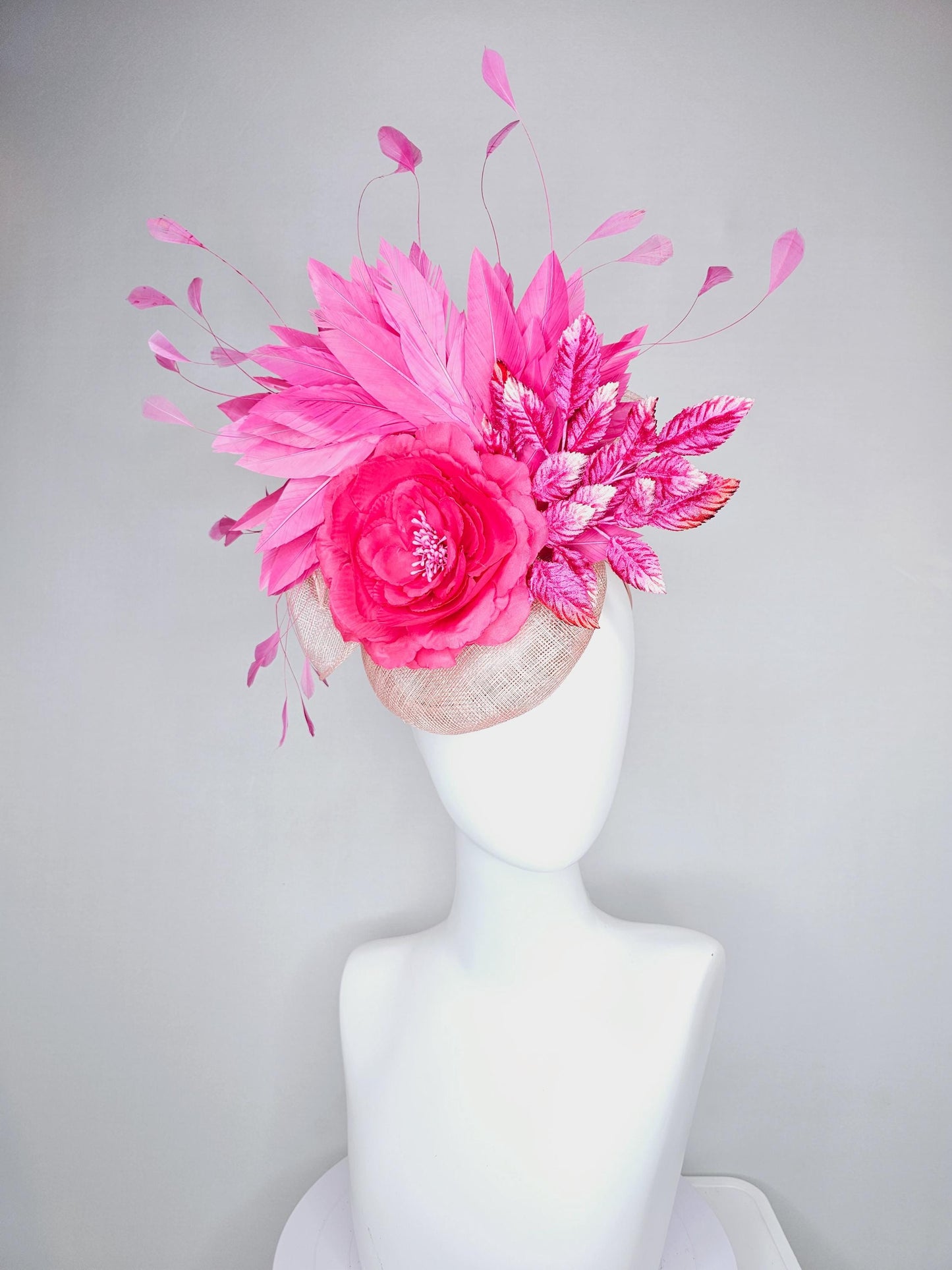 kentucky derby hat fascinator link pink champagne sinamay with hot bright pink satin rose flower, pink leaves, pink branching feathers