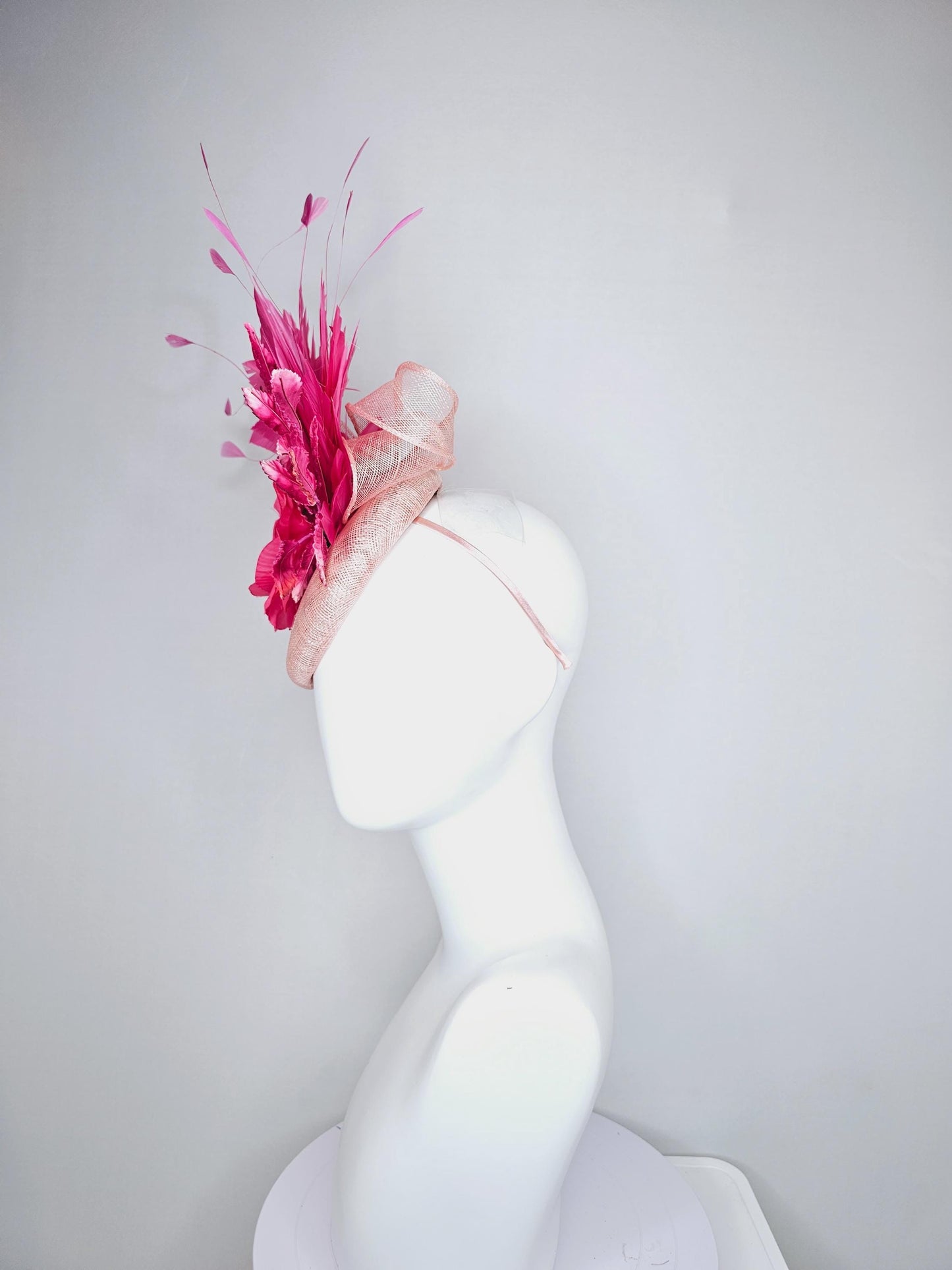 kentucky derby hat fascinator link pink champagne sinamay with hot bright pink satin rose flower, pink leaves, pink branching feathers