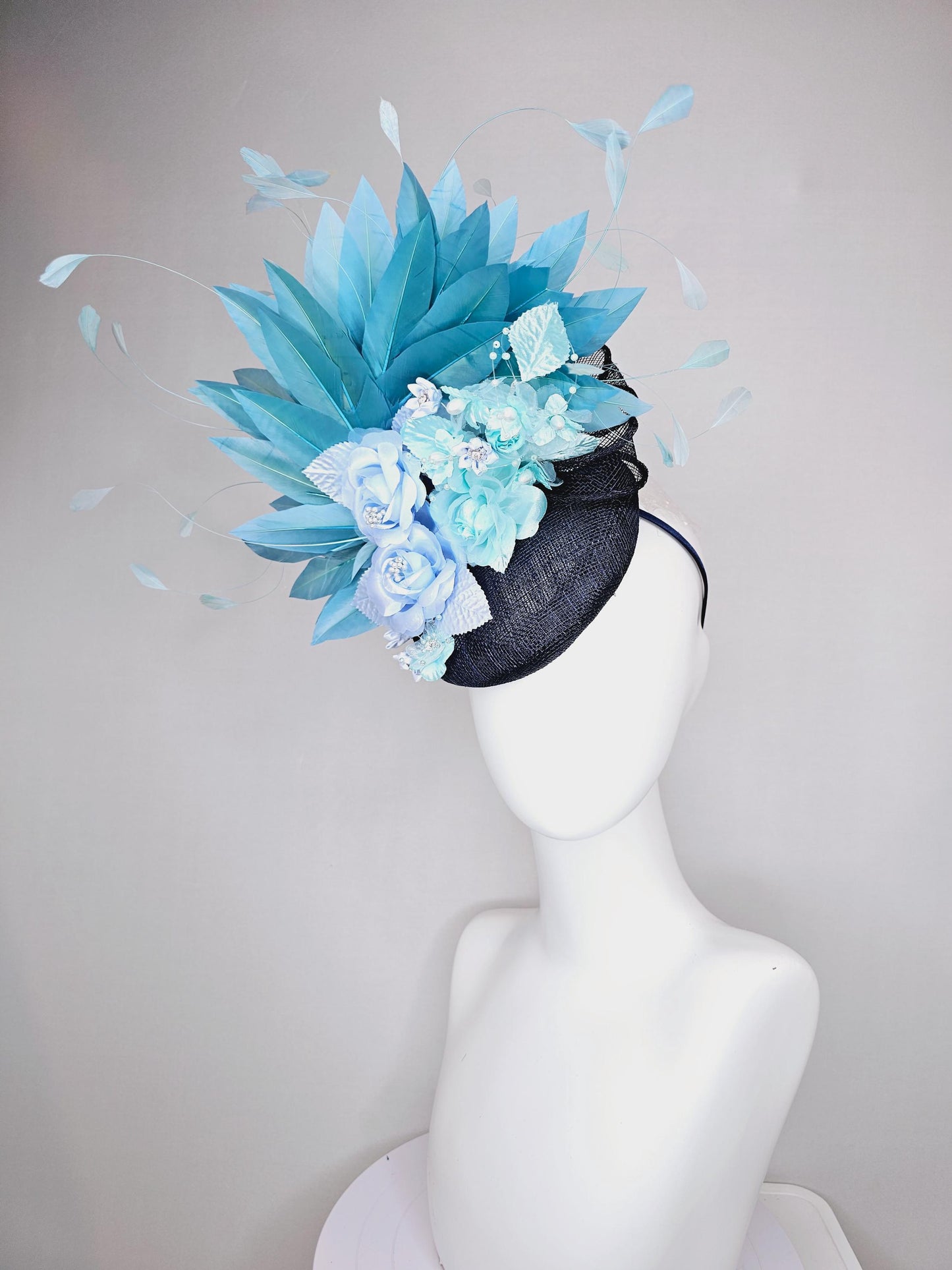 kentucky derby hat fascinator midnight navy blue sinamay teal blue branching feathers light baby blue and light sky blue satin flowers