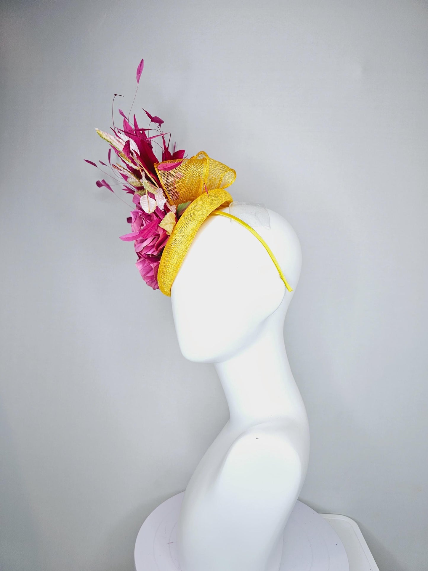 kentucky derby hat fascinator bright yellow sinamay with hot pink branching feathers,ombre yellow leaves and pink satin silk rose flowers