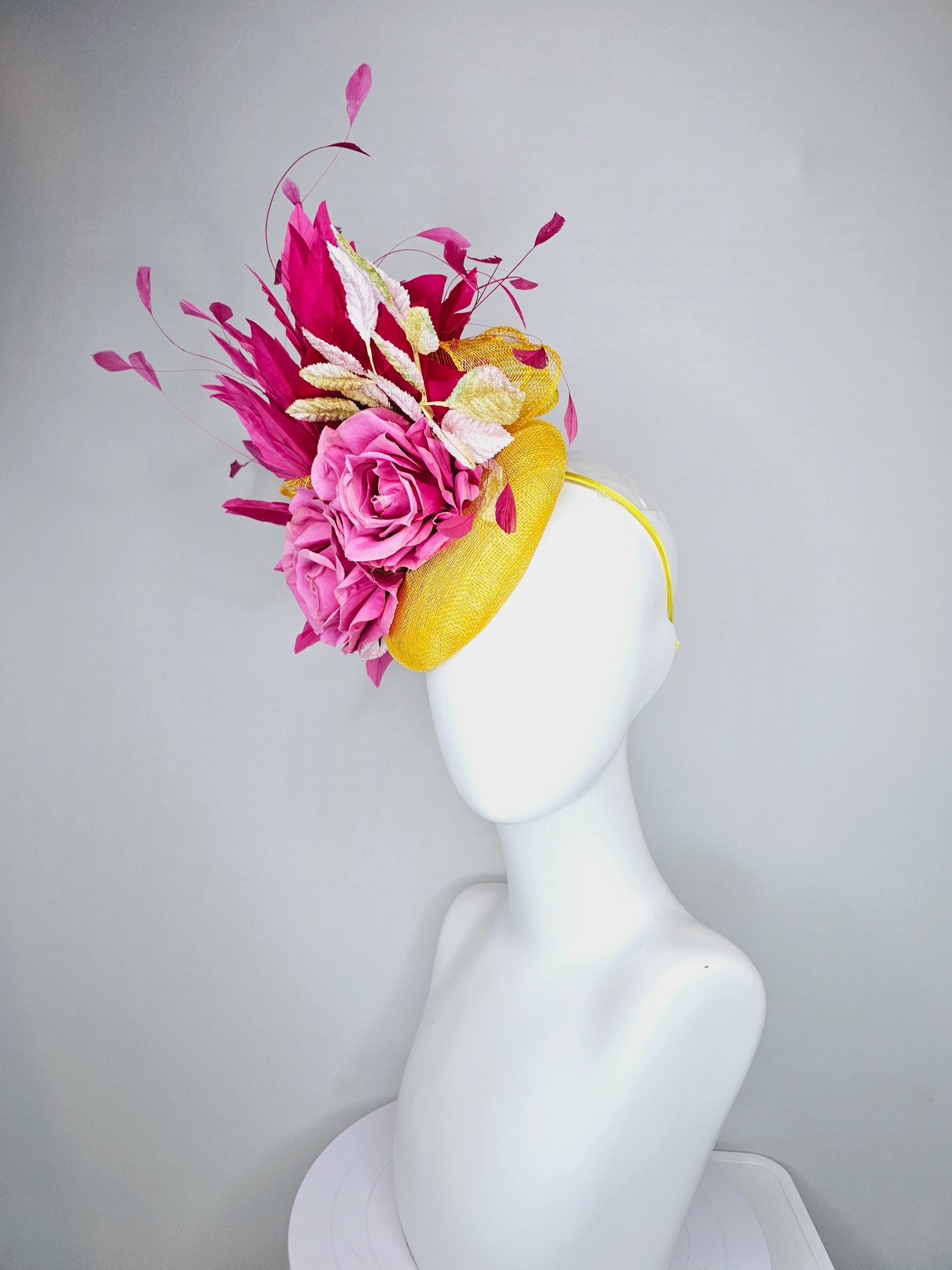 kentucky derby hat fascinator bright yellow sinamay with hot pink branching feathers,ombre yellow leaves and pink satin silk rose flowers