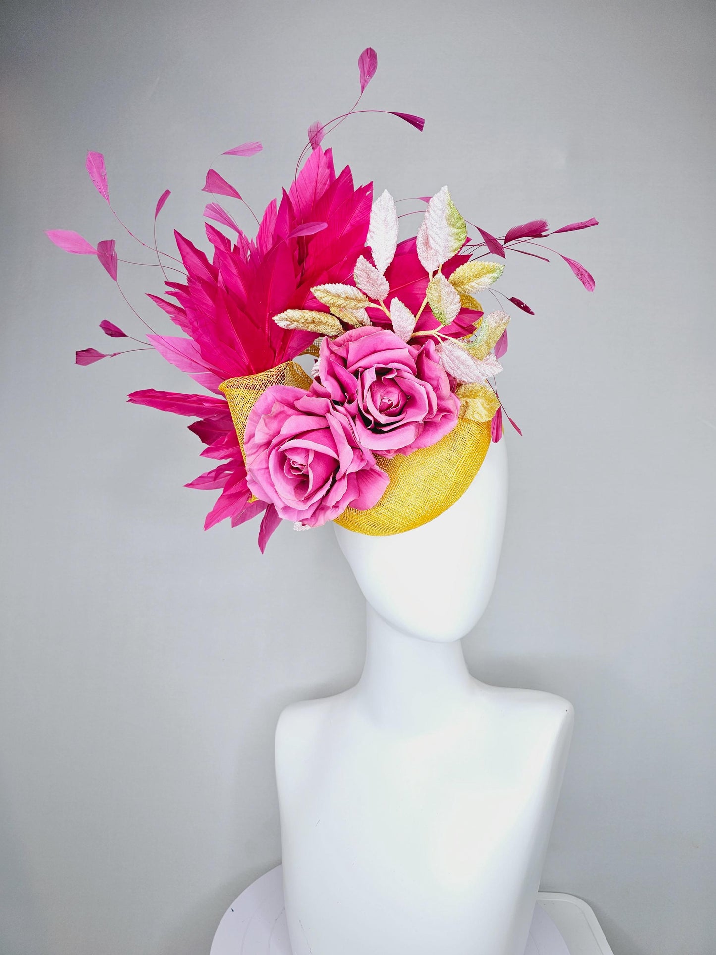 kentucky derby hat fascinator bright yellow sinamay with hot pink branching feathers,ombre yellow leaves and pink satin silk rose flowers