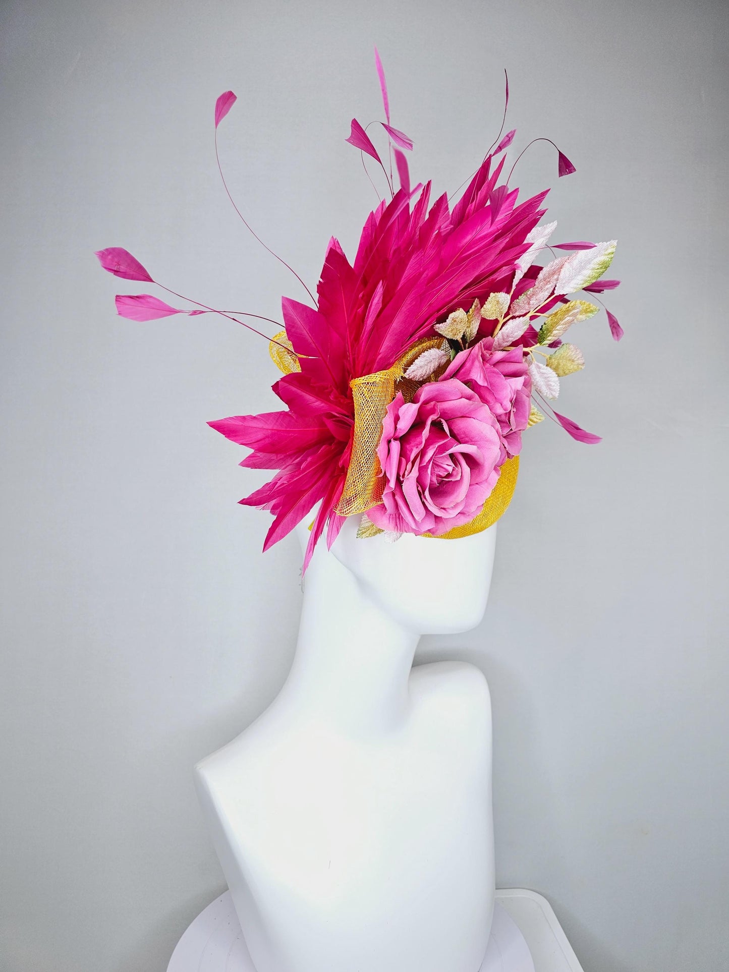 kentucky derby hat fascinator bright yellow sinamay with hot pink branching feathers,ombre yellow leaves and pink satin silk rose flowers