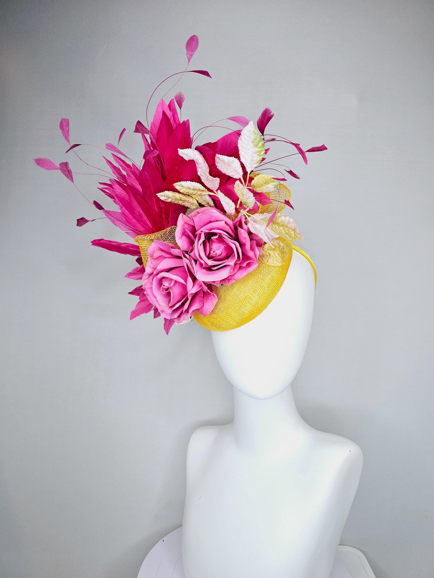 kentucky derby hat fascinator bright yellow sinamay with hot pink branching feathers,ombre yellow leaves and pink satin silk rose flowers