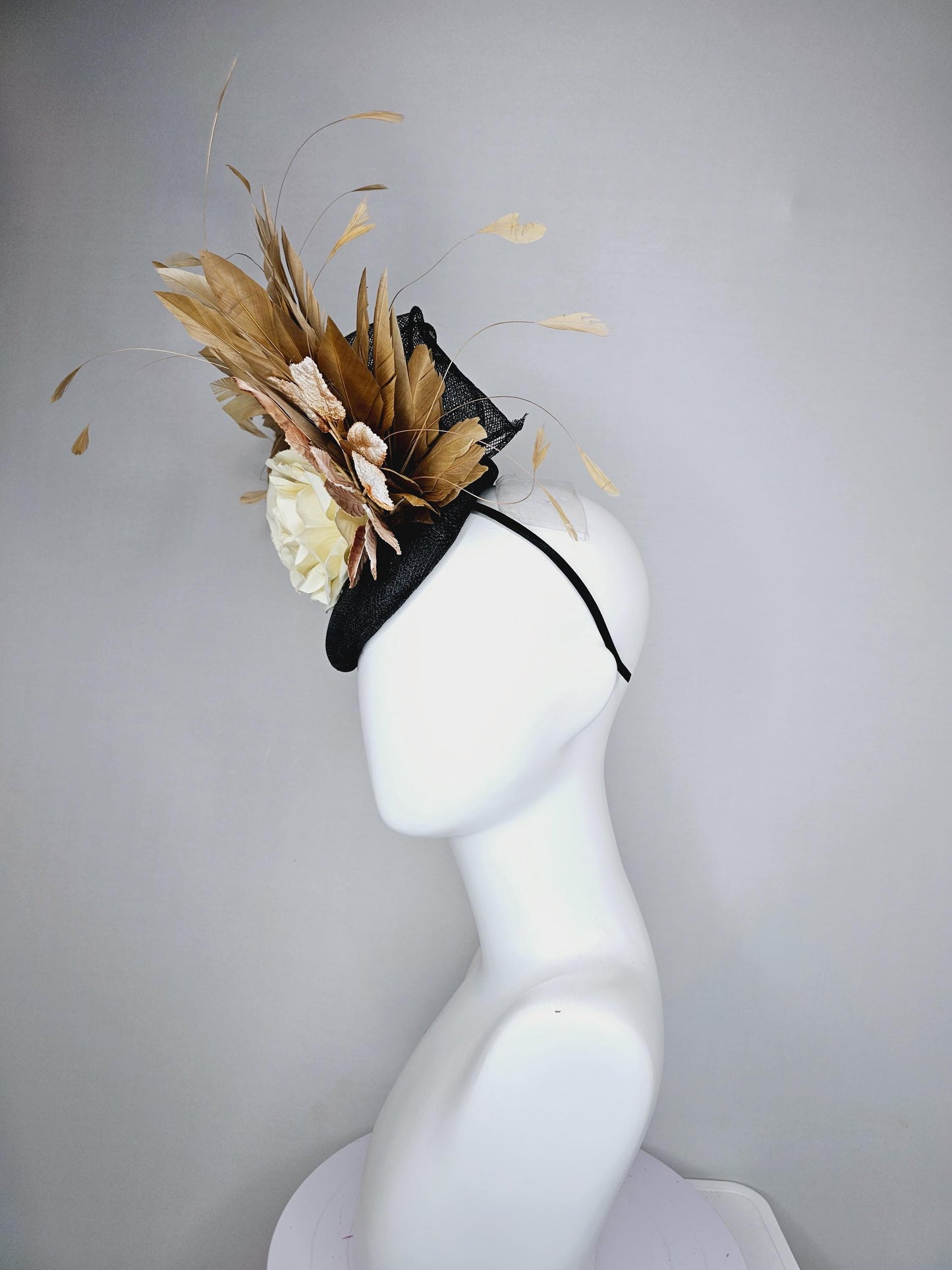 kentucky derby hat fascinator black sinamay,brown tan gold branching feathers,cream ivory satin silk roses,beige neutral ombre leaves