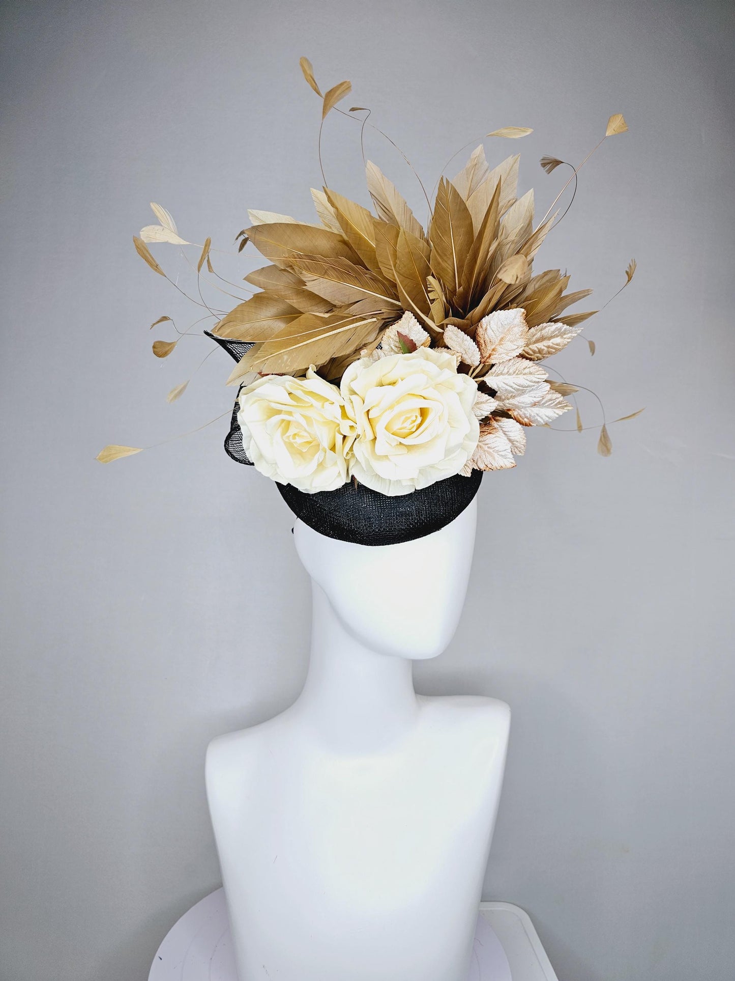 kentucky derby hat fascinator black sinamay,brown tan gold branching feathers,cream ivory satin silk roses,beige neutral ombre leaves