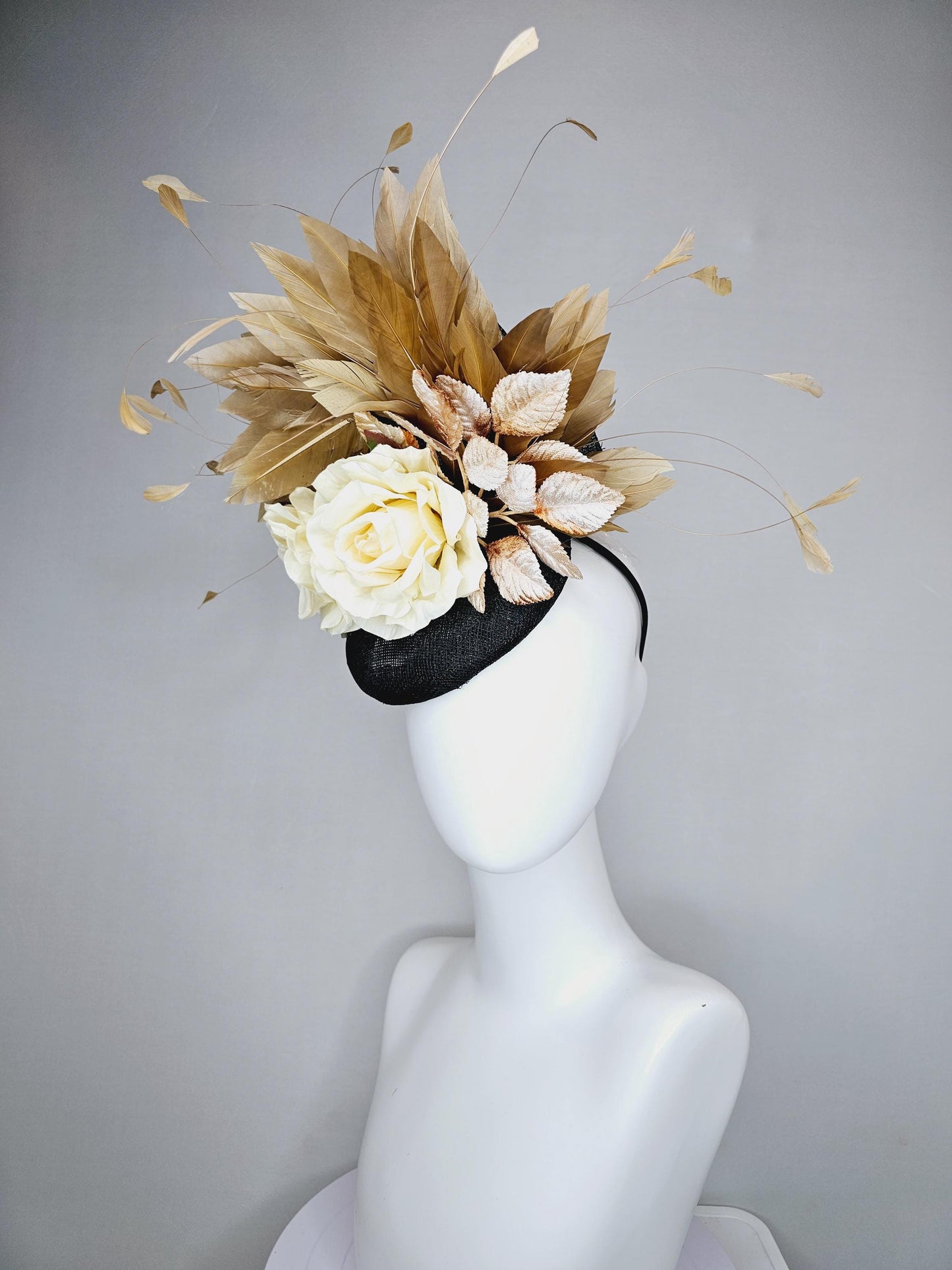 kentucky derby hat fascinator black sinamay,brown tan gold branching feathers,cream ivory satin silk roses,beige neutral ombre leaves