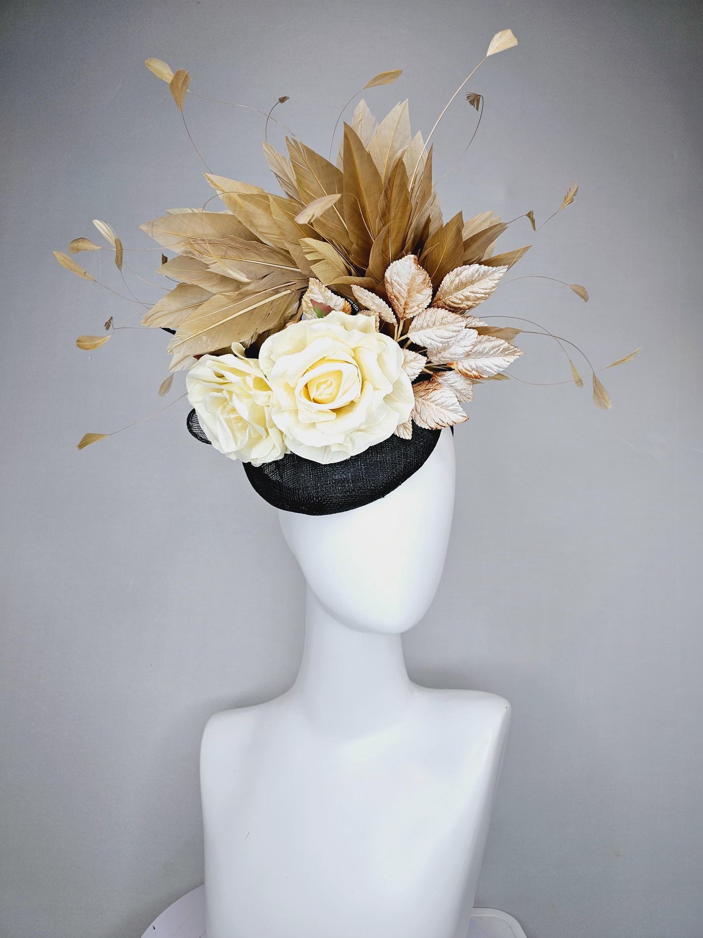 kentucky derby hat fascinator black sinamay,brown tan gold branching feathers,cream ivory satin silk roses,beige neutral ombre leaves