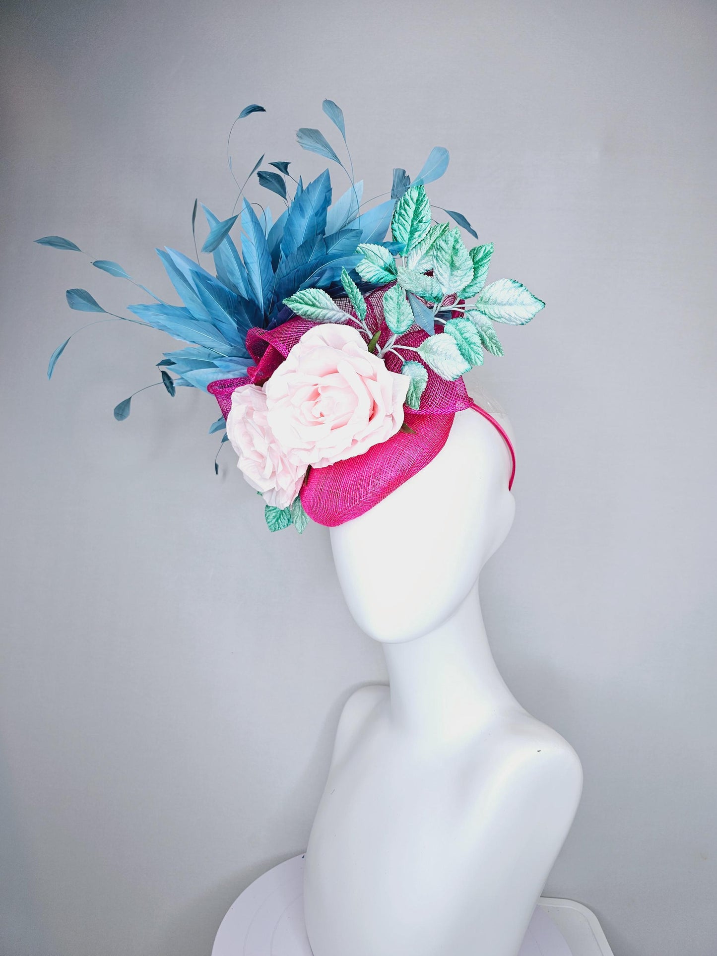 kentucky derby hat fascinator pink sinamay base with sinamay bow, sky blue branching feathers, mint green leaves,light pink satin silk roses