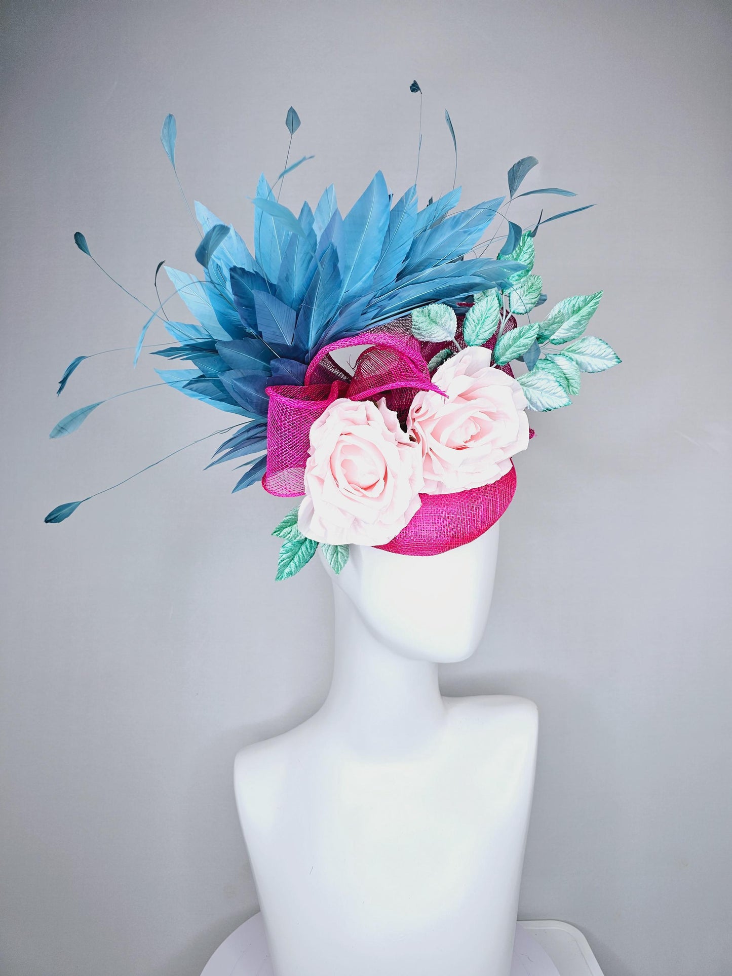 kentucky derby hat fascinator pink sinamay base with sinamay bow, sky blue branching feathers, mint green leaves,light pink satin silk roses