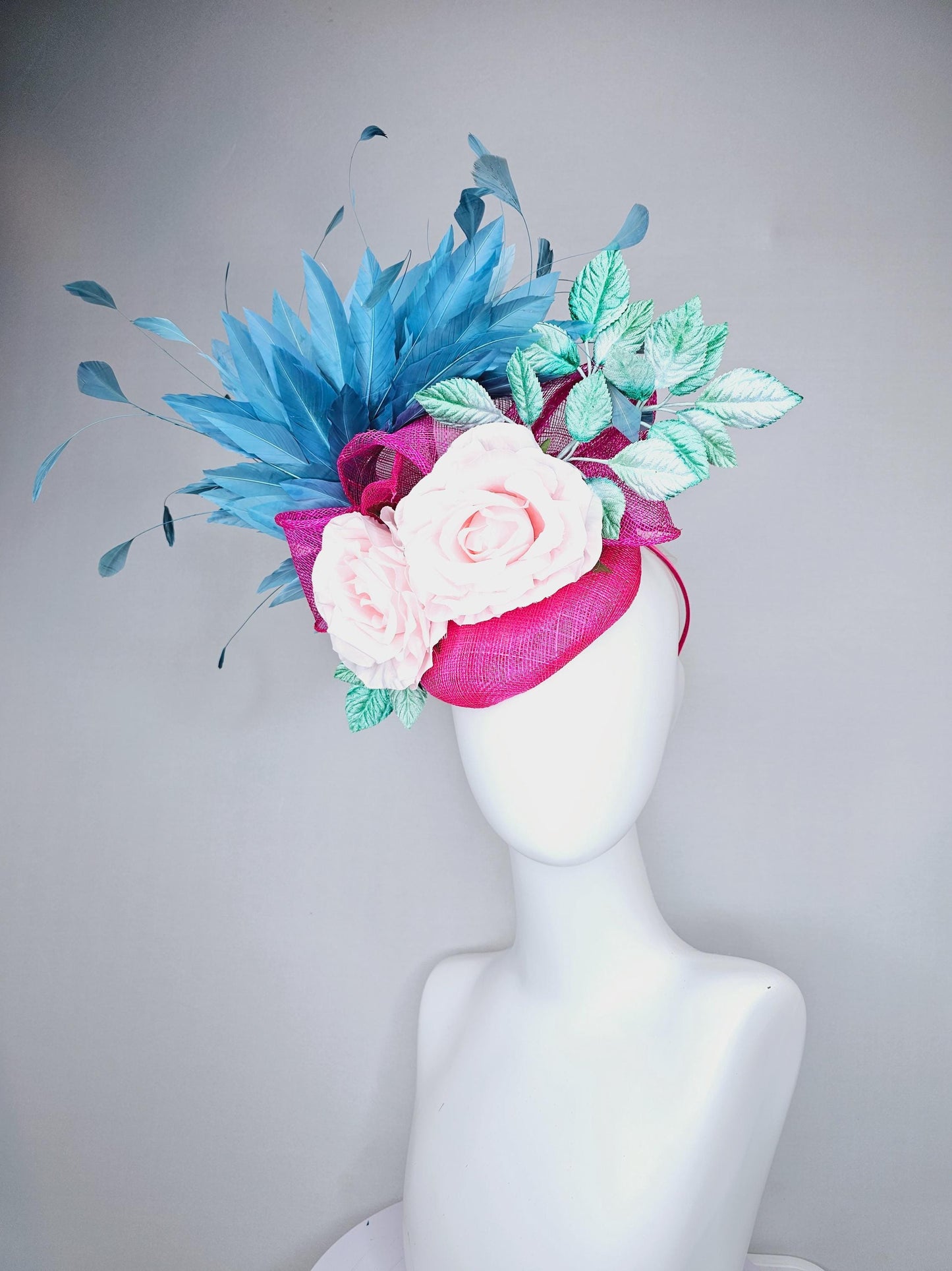 kentucky derby hat fascinator pink sinamay base with sinamay bow, sky blue branching feathers, mint green leaves,light pink satin silk roses