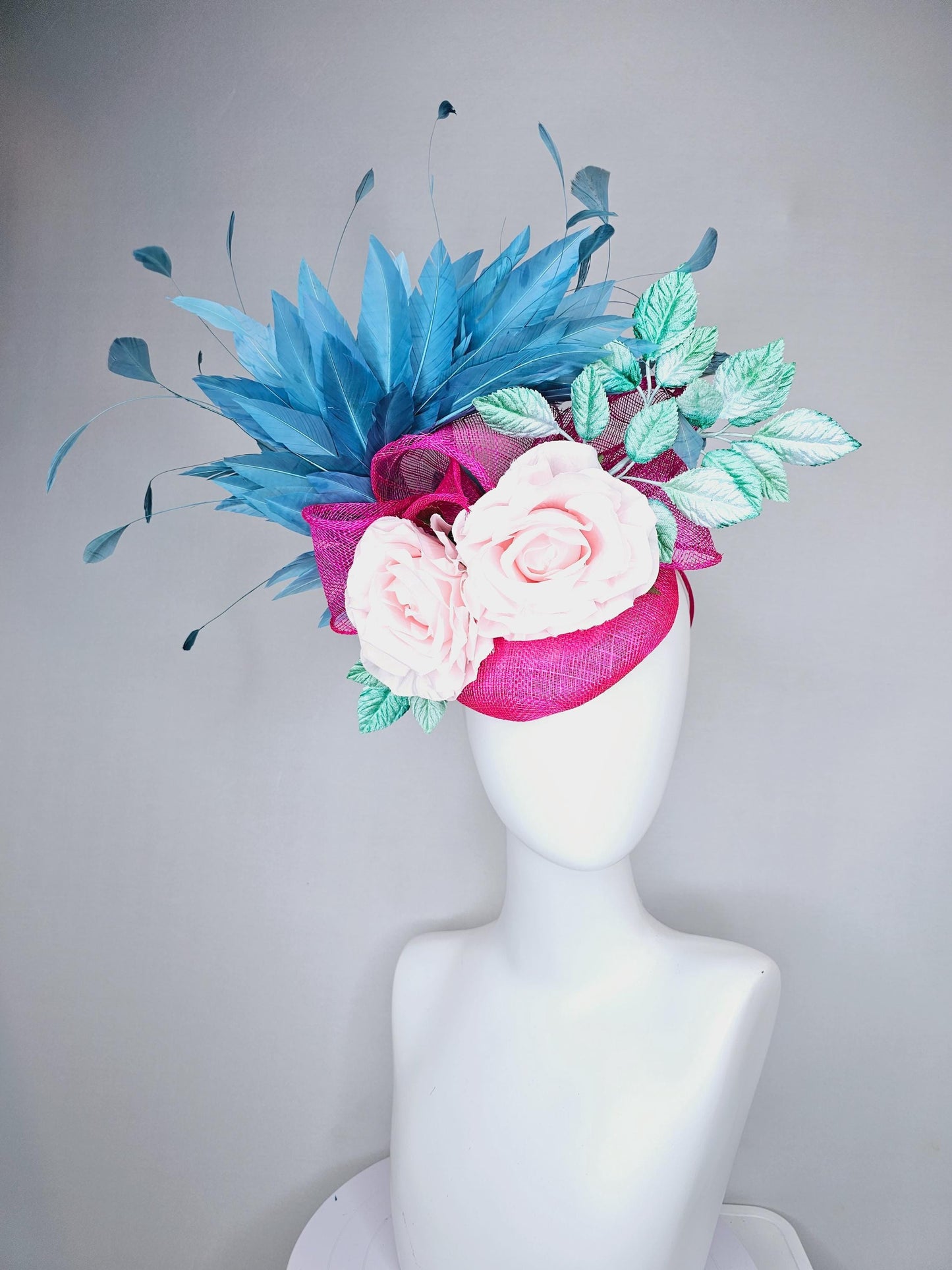 kentucky derby hat fascinator pink sinamay base with sinamay bow, sky blue branching feathers, mint green leaves,light pink satin silk roses