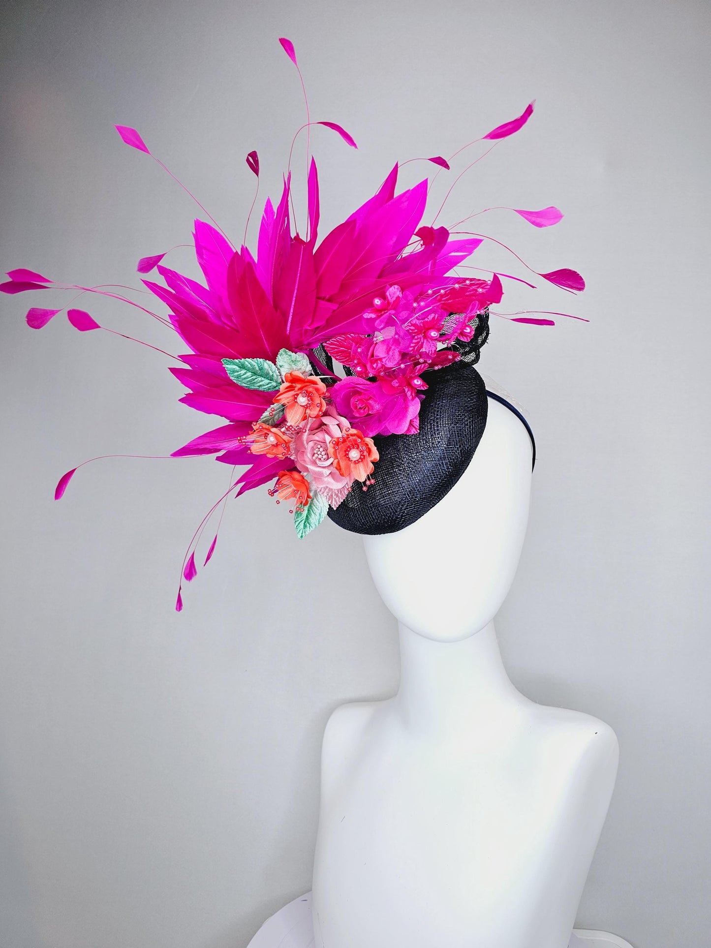 kentucky derby hat fascinator black sinamay with hot pink fuchsia branching feathers,orange and pink satin silk flowers,green leaves