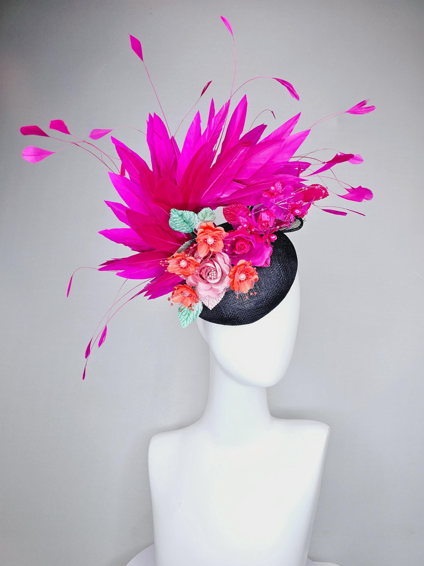 kentucky derby hat fascinator black sinamay with hot pink fuchsia branching feathers,orange and pink satin silk flowers,green leaves