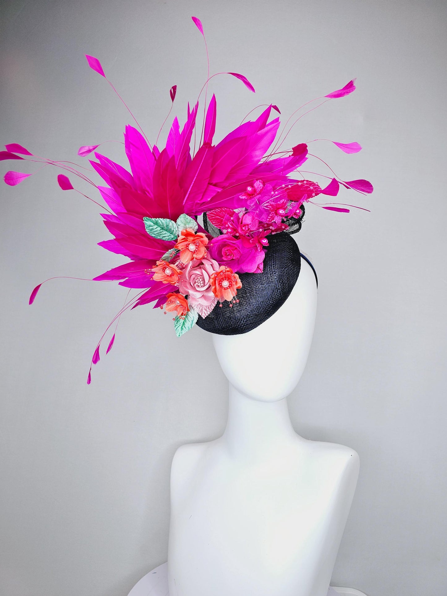 kentucky derby hat fascinator black sinamay with hot pink fuchsia branching feathers,orange and pink satin silk flowers,green leaves